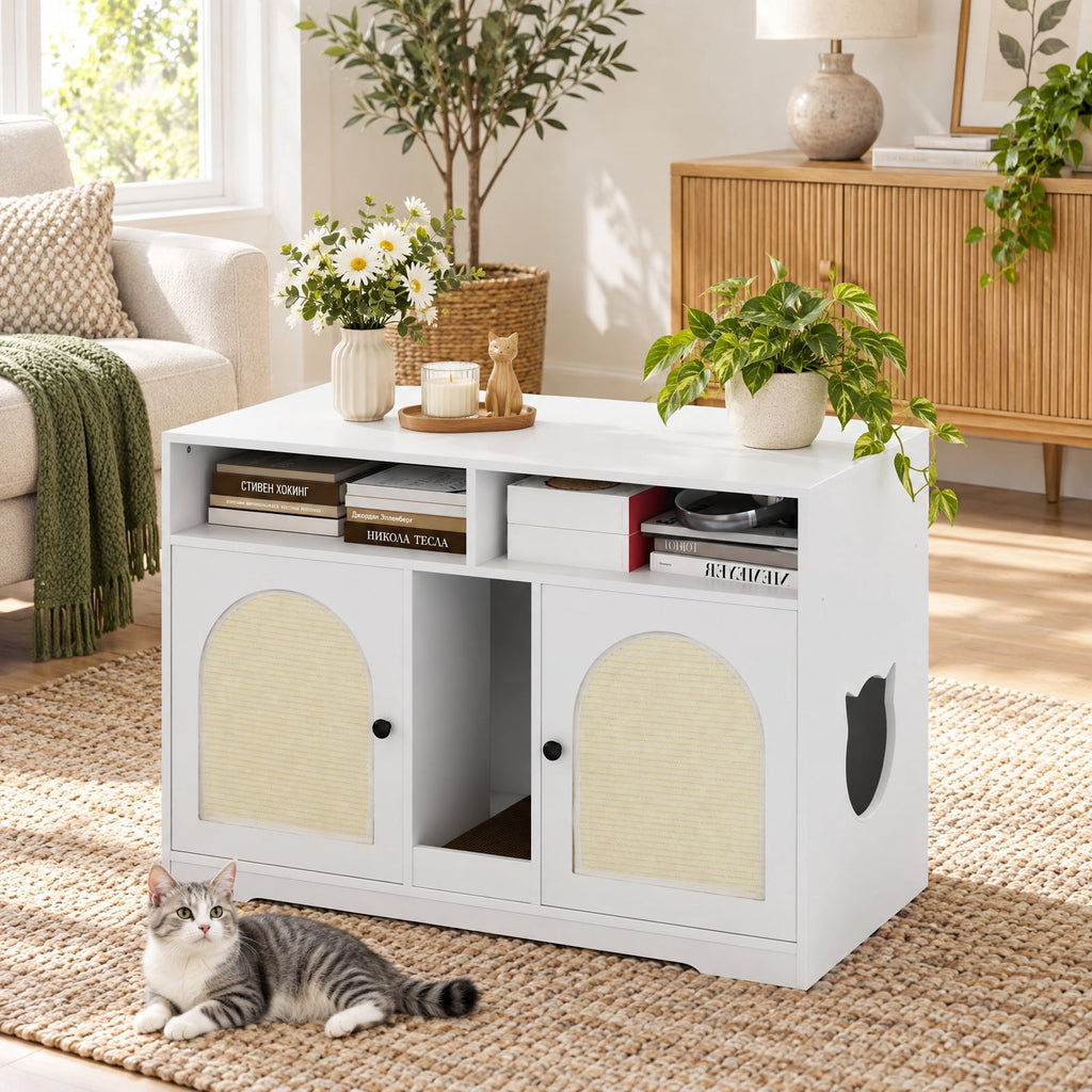 Airfind 43 Inches Cat Litter Box Enclosure with Storage and Double Rooms, Engineered Board Frame, 43in x 20in x 29in Footprint, White