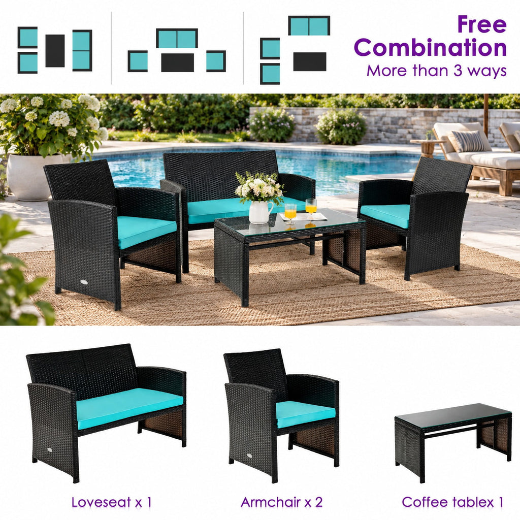Airfind 4 Pieces Patio Rattan Cushioned Furniture Set, Rattan Frame, 43.5 x 25 x 31 Footprint, Product dimension of loveseat 43.5 x 25