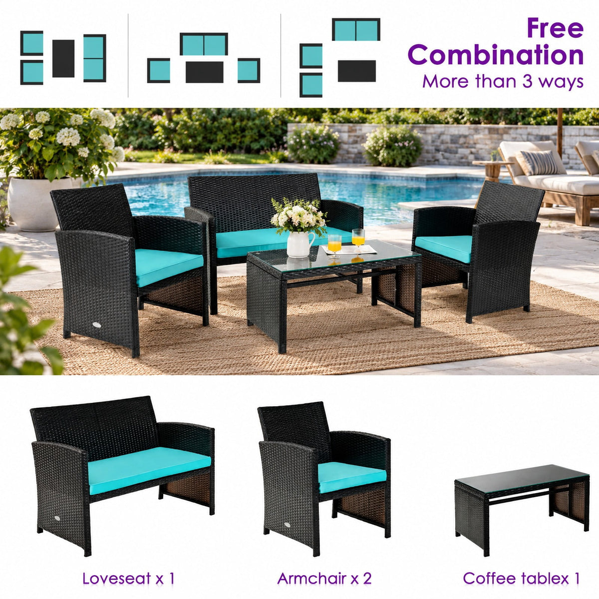Airfind 4 Pieces Patio Rattan Cushioned Furniture Set, Rattan Frame, 43.5 x 25 x 31 Footprint, Product dimension of loveseat 43.5 x 25