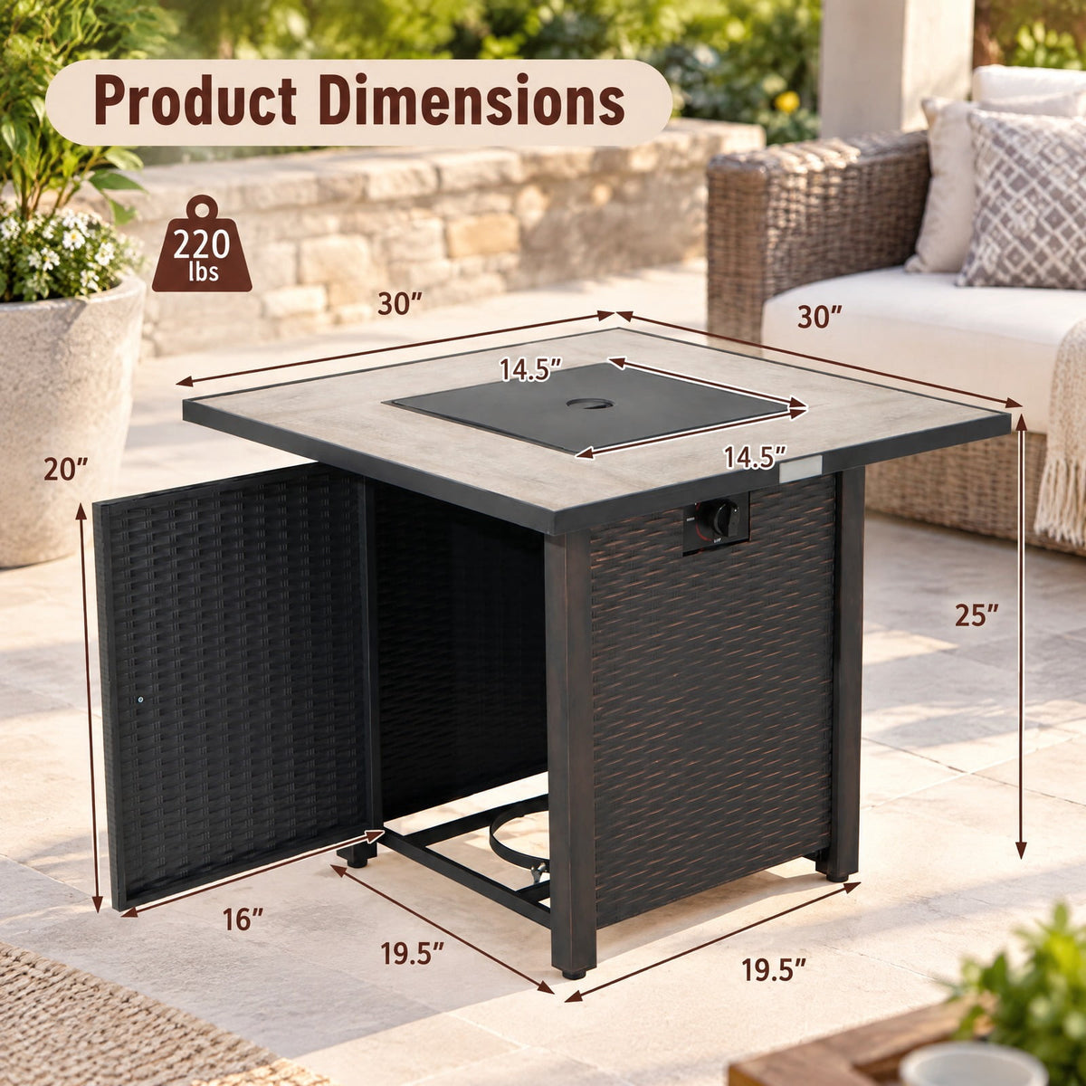 Airfind 30 Inch Square Propane Gas Fire Pit Table Ceramic Tabletop, Steel Frame, Black, Adjustable foot pads ensure extra stability