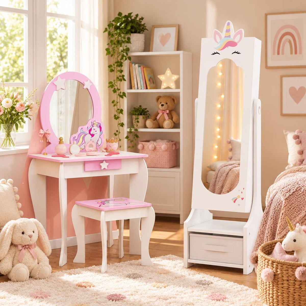 Airfind Kids Jewelry Cabinet with Full-Length Mirror for Kids Bedroom and Playroom, MDF Frame, 12.5 Inch x 12 Inch x 45.5 Inch Footprint, White