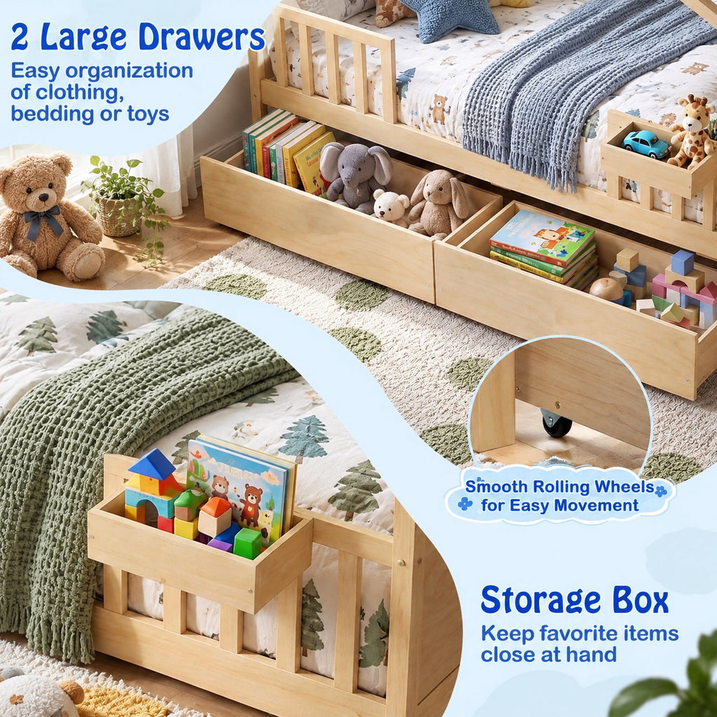 Airfind Full Size House Bed with Roof and Fence Rails for Kid, 550 lbs Capacity, Pine Wood Plywood MDF Engineered Wood Frame, Natural