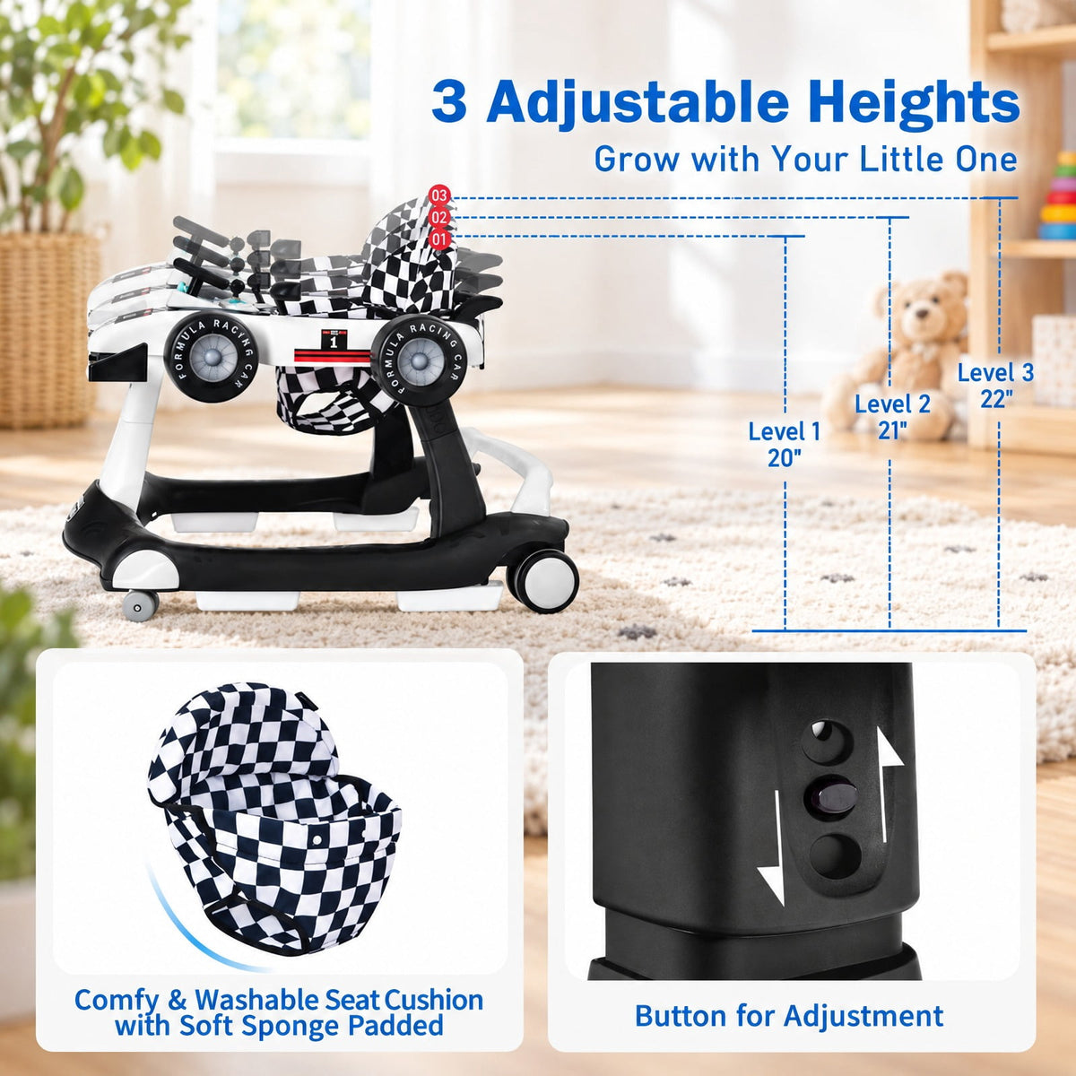 AIRFIND Baby Walker with 4 Activity Modes, 3 Adjustable Heights, Music and Lights, Rear Wheel Speed Control and Folding Frame, White