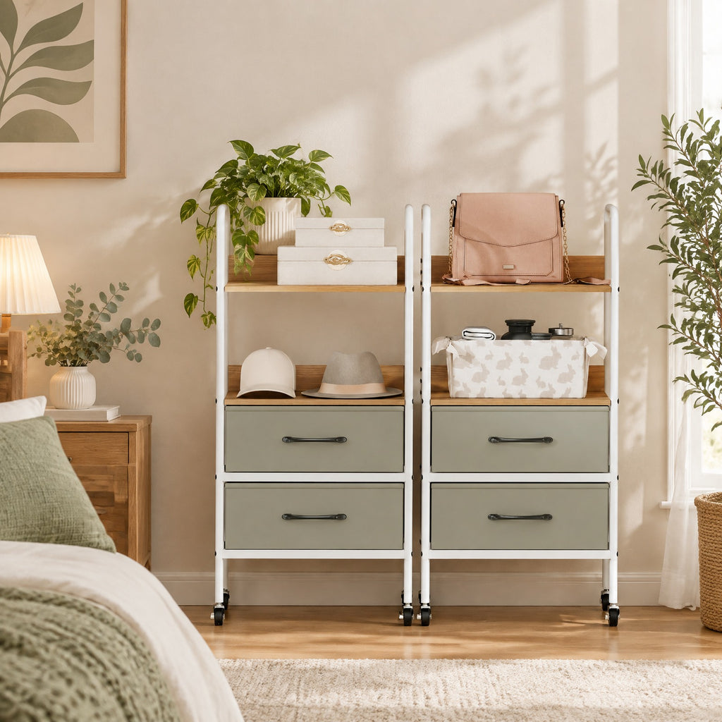 Airfind Rolling Utility Storage Cart with 2 Open Shelves and 2 Fabric Drawers, 22 lbs Capacity, Metal Engineered Wood Non-woven Fabric Frame