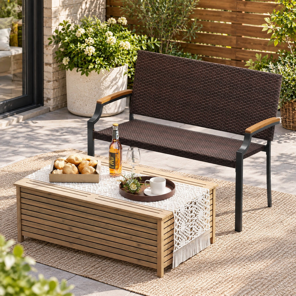 AIRFIND Patio Wicker Loveseat with Acacia Wood Armrests, Woven PE Rattan Seat, Metal Frame and Adjustable Front Feet, Mix Brown
