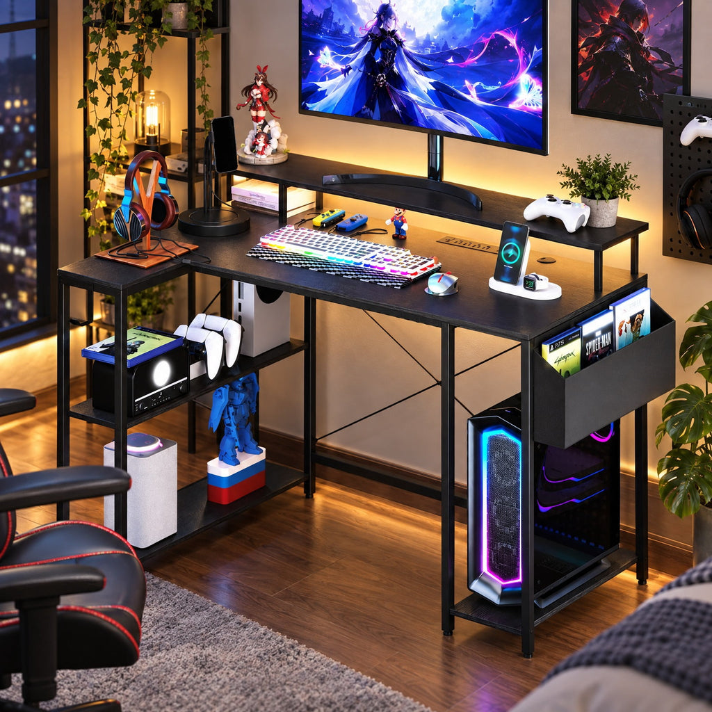 Airfind L-Shaped Gaming Desk with LED Lights and Power Outlets, 200 lbs Capacity, Engineered Wood Metal Frame, 48 x 31.5 x 34.5 Footprint, Black