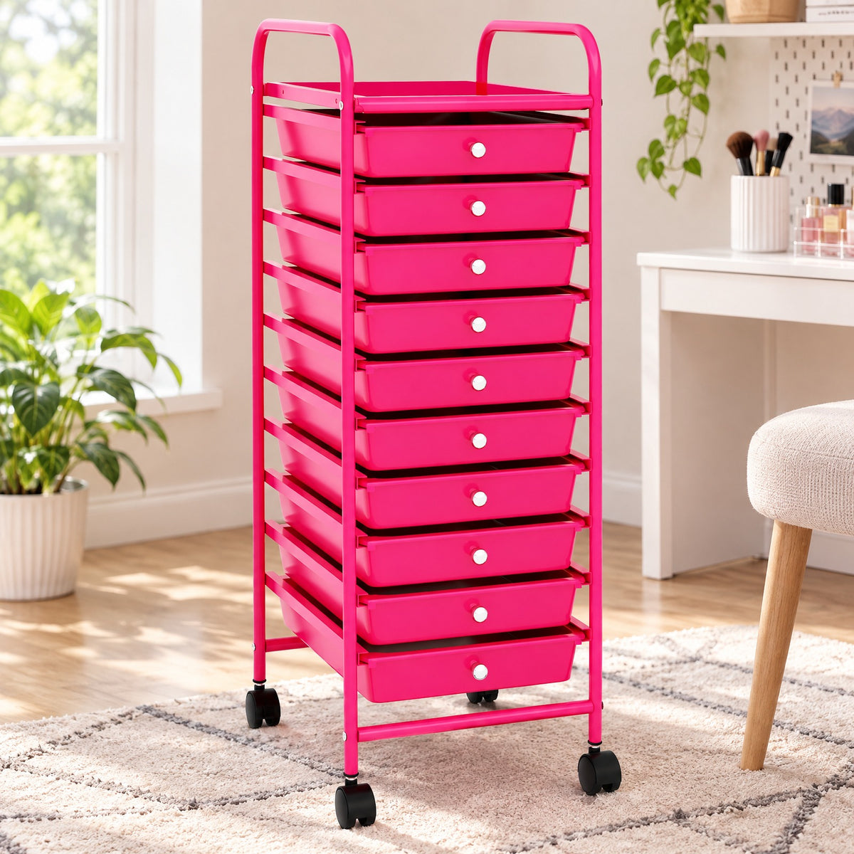 Airfind 10 Drawer Rolling Storage Cart Organizer with 4 Universal Casters, 3 lbs Capacity, Steel Plastic Frame, Pink