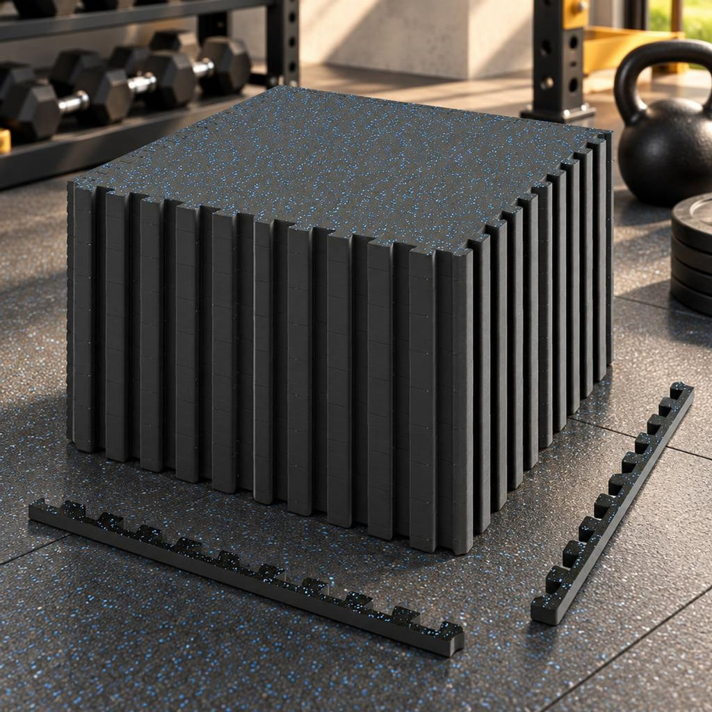 Airfind 0.79 inch Thick Rubber Top Exercise Mat 48 Sq Ft with Boarders-Black Blue, Rubber PE Foam Frame, of 12 Tiles 6 x 8 ft Total Footprint