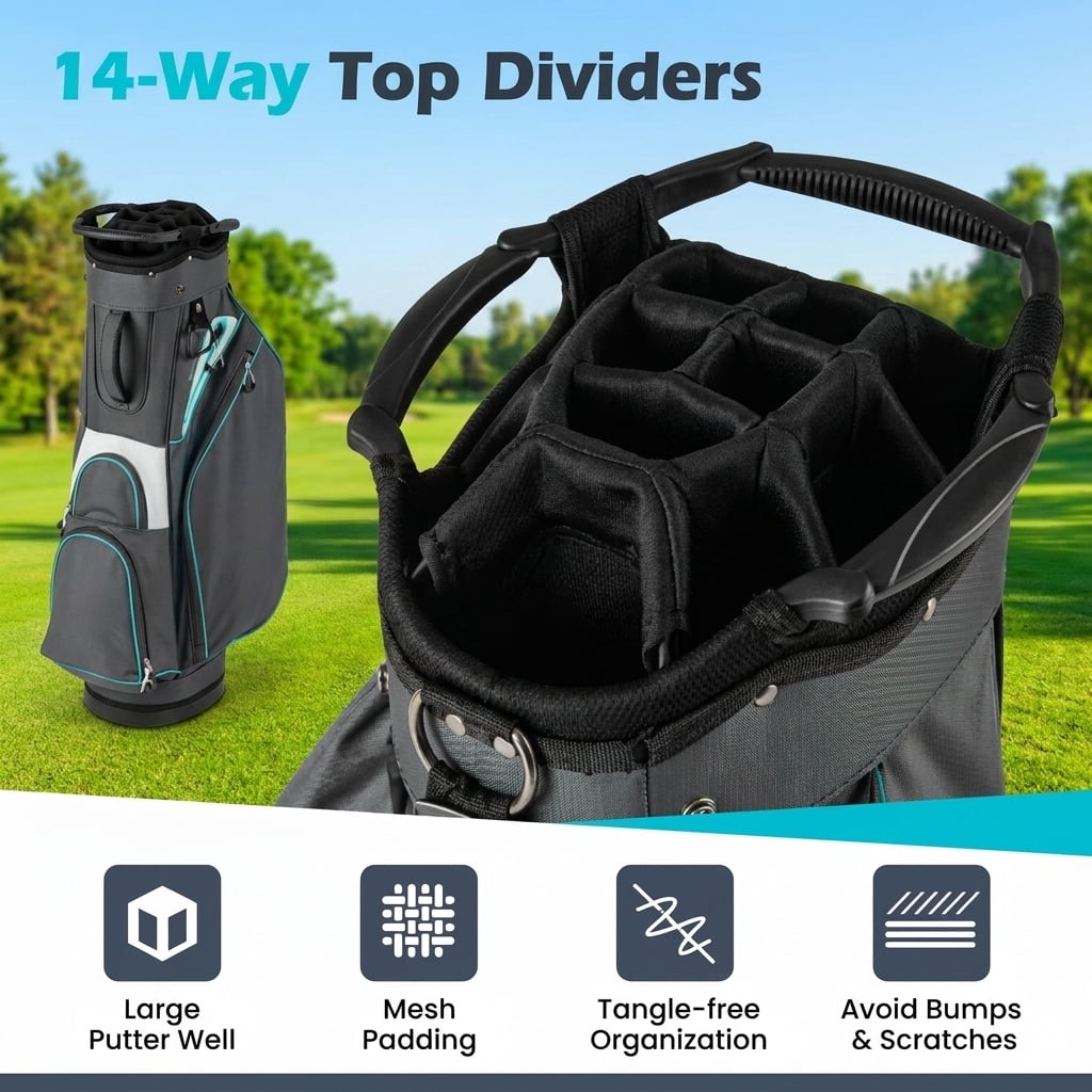 Airfind 10.5 in Golf Stand Bag with 14-Way Dividers and 7 Zippered Pockets featuring a rain hood with towel rings and dual carry straps for walking rounds, Gray