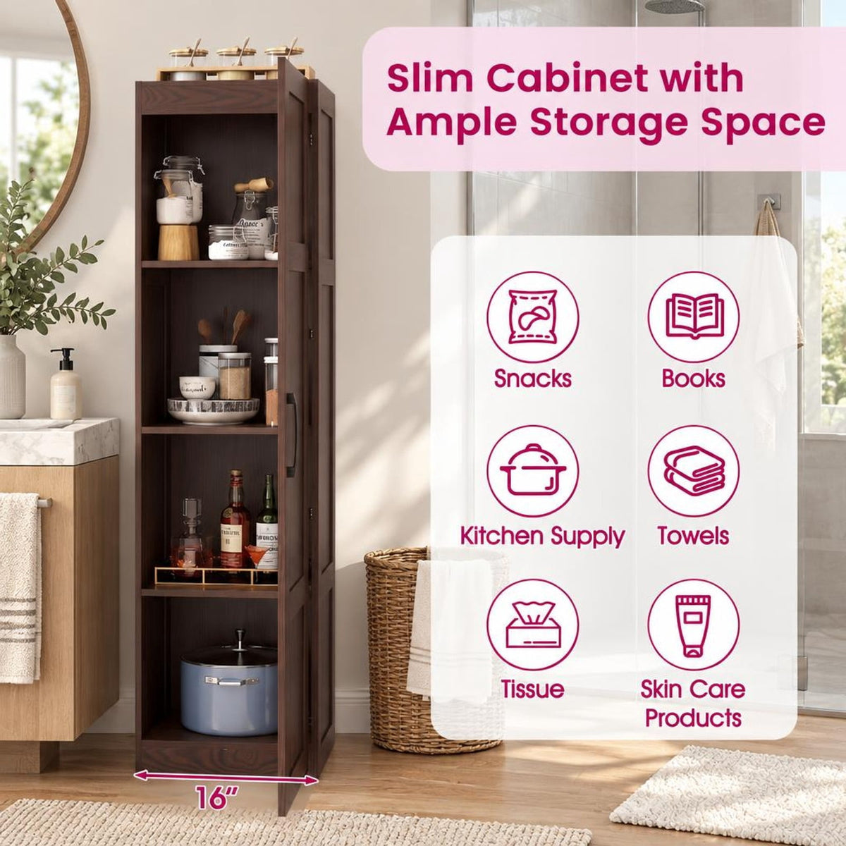 Airfind Tall Storage Cabinet with 4 Storage Shelves for Bathroom Living Room, 110 lbs Capacity, Engineered Wood MDF Frame, 16in x 15in x 59in Footprint