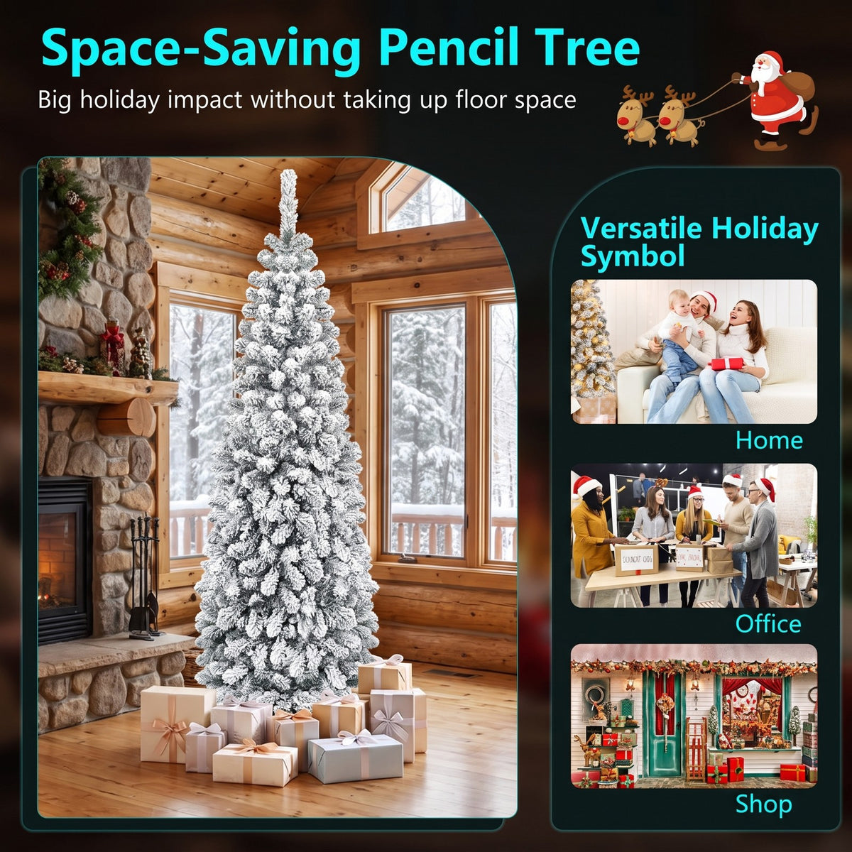 Airfind 6 Feet Unlit Hinged Snow Flocked Artificial Pencil Christmas Tree with 500 Branch Tip, PVC Metal Tree Height 6 ft Tree Width 2 ft Frame