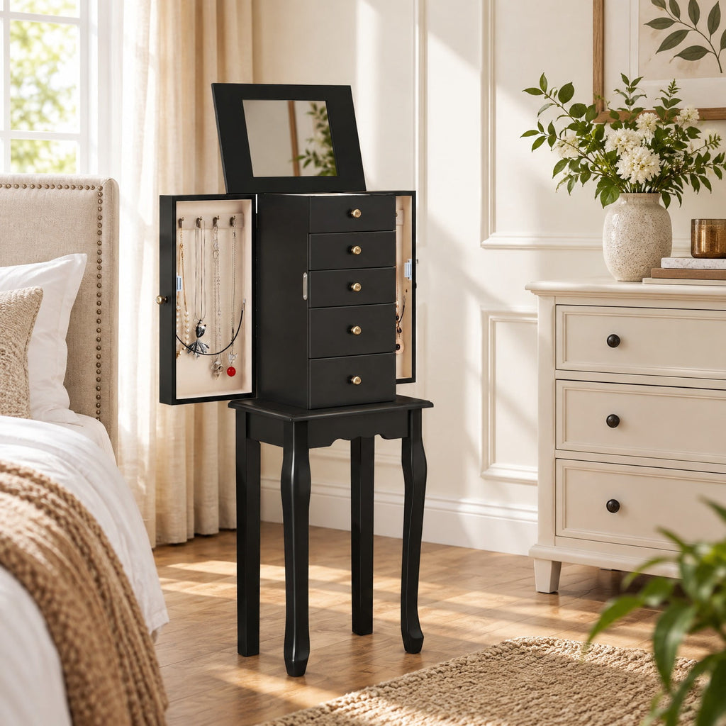 Airfind 2 Colors Armoire Storage Standing Jewelry Cabinet with Mirror, MDF Glass Frame, 12.5 x 8.5 x 34 Footprint, Black