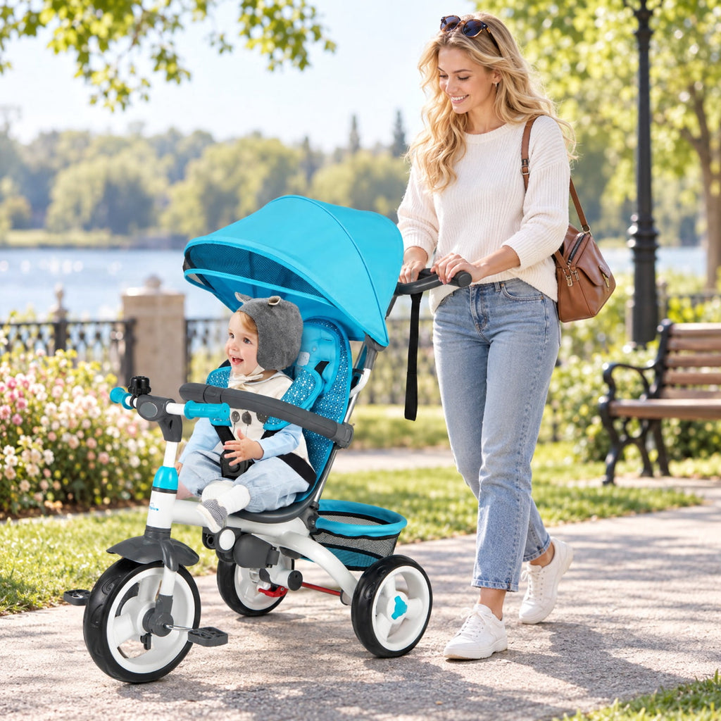 Airfind 5-in-1 Detachable Baby Stroller Tricycle with Round Canopy, Blue, a detachable cushion that is also washable