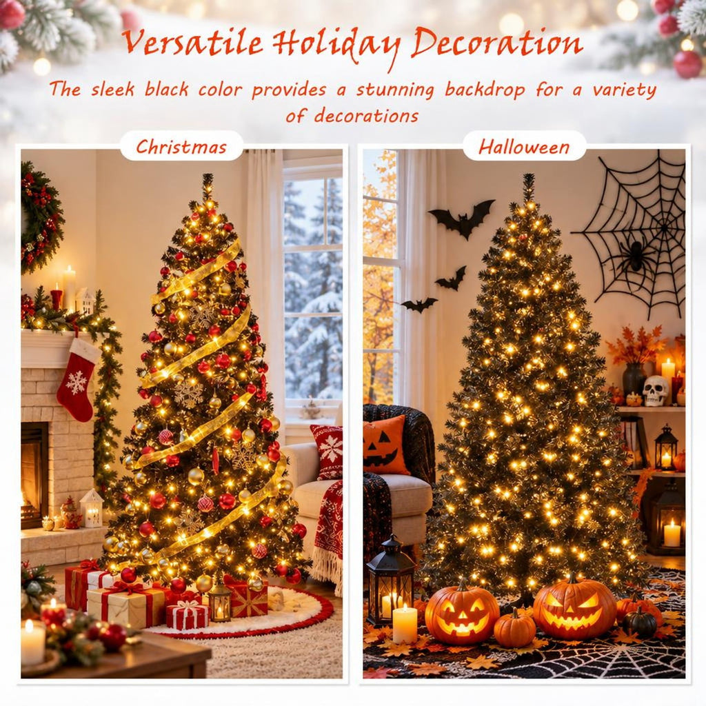 Airfind 6/7 FT Artificial Christmas Tree with Bendable Top Section and Warm Light-7 ft, PVC Metal Frame, 3 x 6/3.3 x 7 ft Footprint, Black