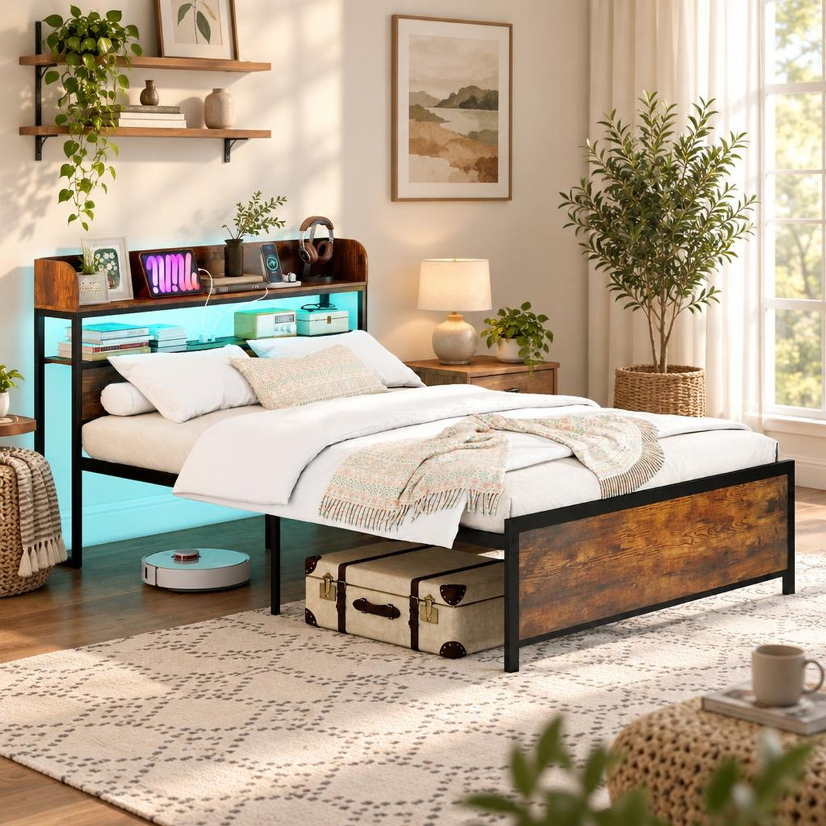 Airfind LED Bed Frame with Power Outlets and Storage Headboard, 1000 lbs Capacity, Engineered Wood Metal MDF Frame