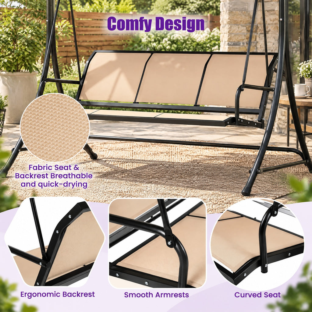 Airfind 3-Seat Patio Swing Chair with Adjustable Canopy, 800 lbs Capacity, Metal Frame, 75 Inch x 48 Inch x 67 Inch Footprint, Beige