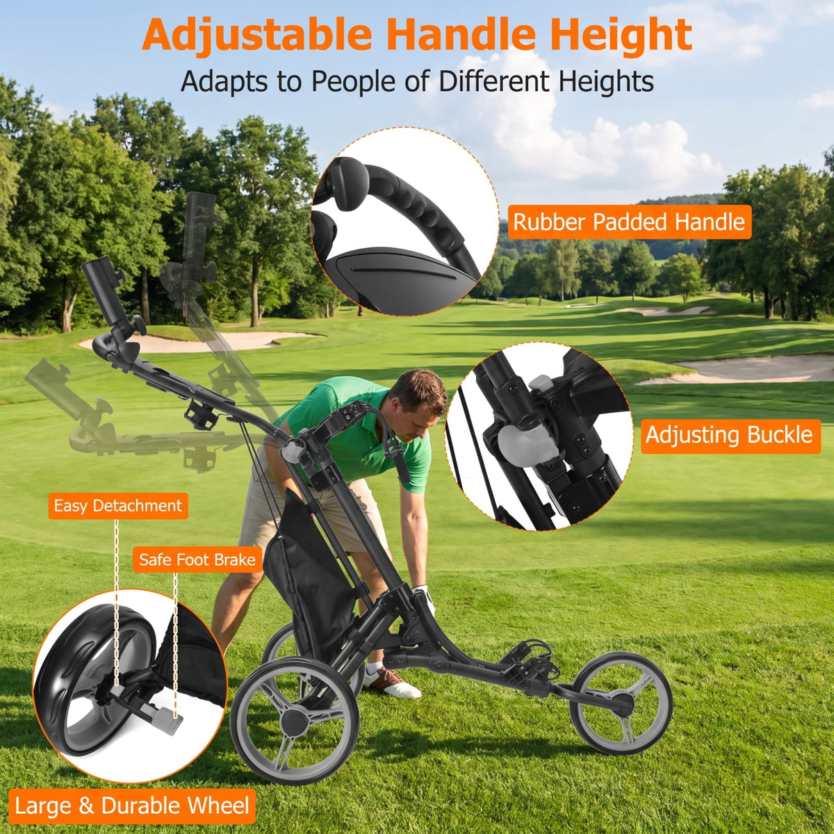 Airfind Folding 3 Wheel Golf Push Cart with Aluminum Frame and Storage Bag and Scoreboard and Adjustable Handle and Cup Holder, Gray