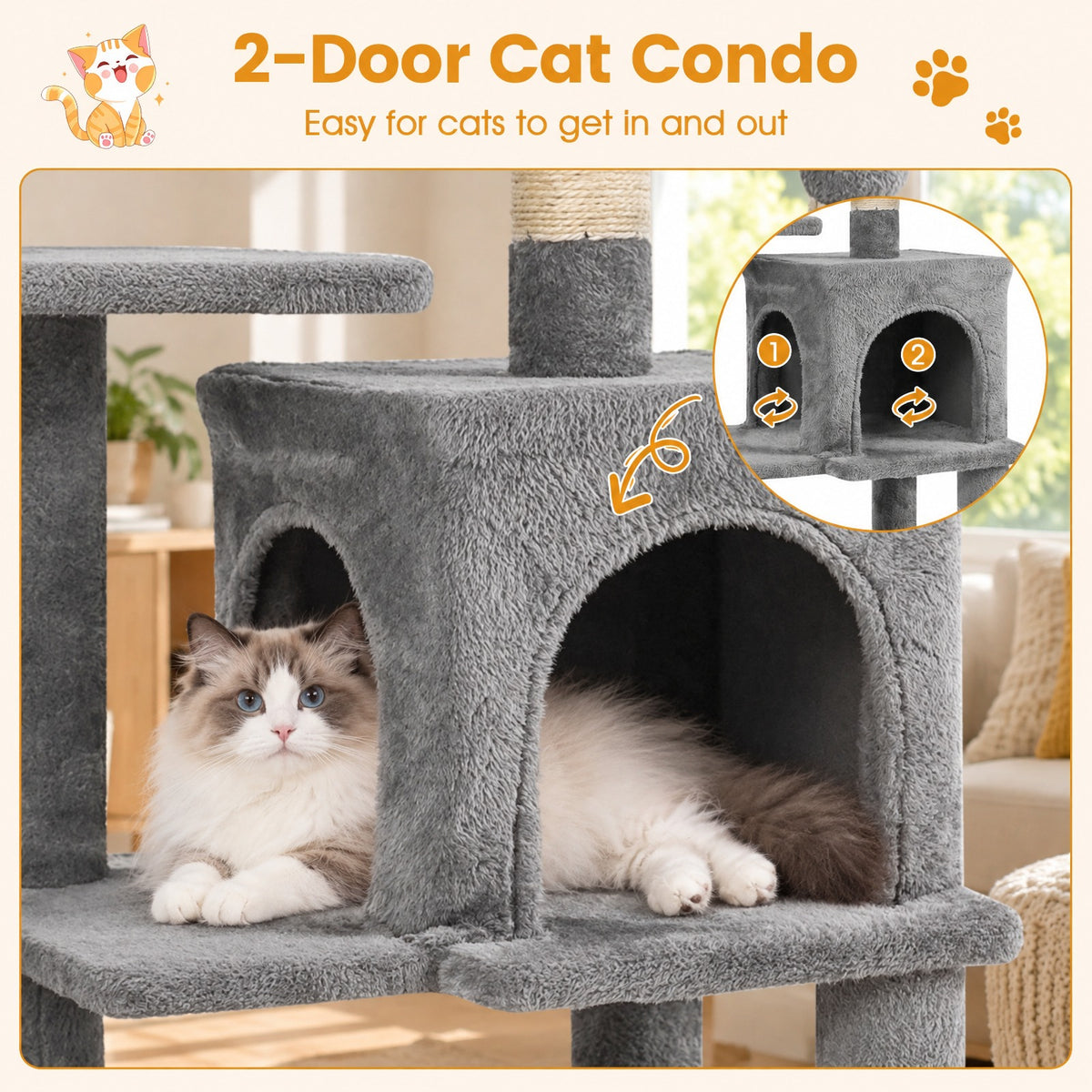Airfind Multi-Level Cat Tower with 2-Door Condo and Padded Top Perch, PP Cotton Fabric Sisal Engineered Wood Overall Height 44 Base Frame
