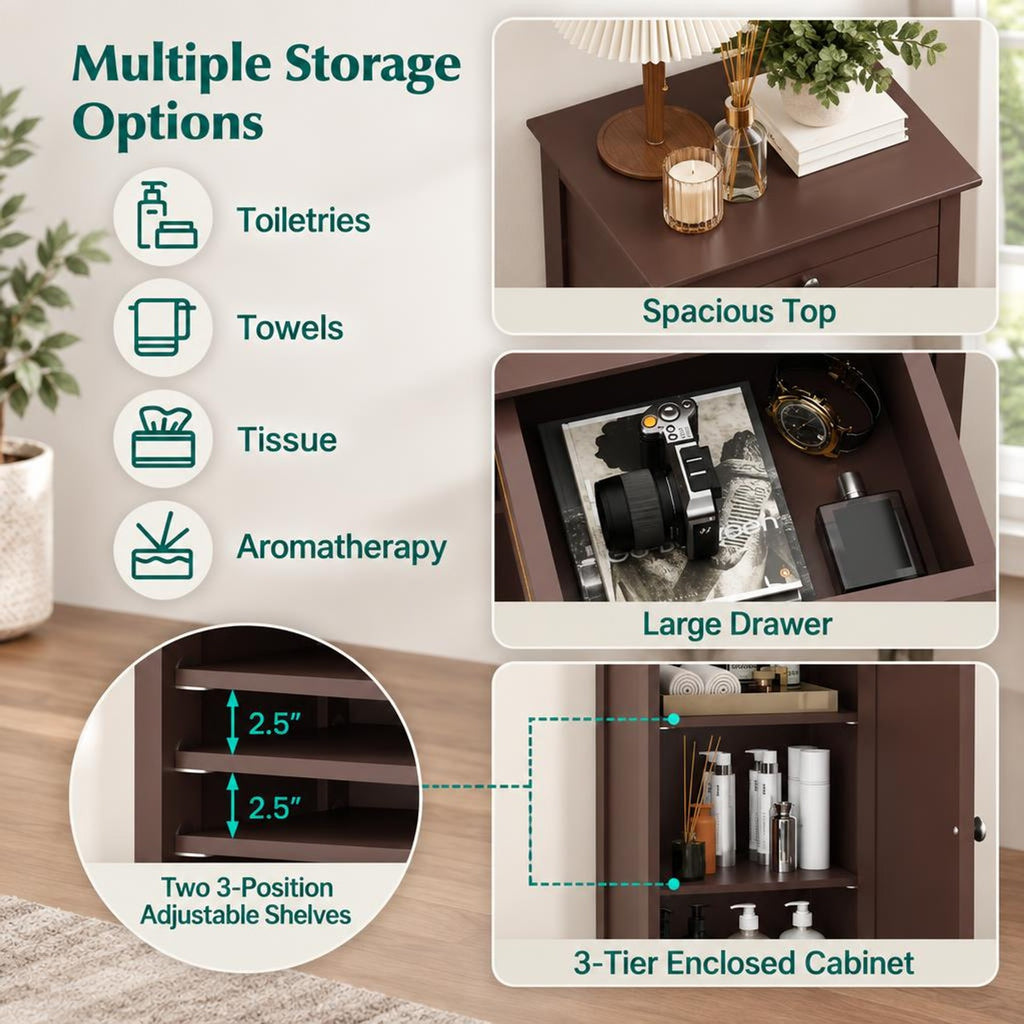 Airfind Wooden Storage Free-Standing Floor Cabinet with Drawer and Shelf, 132 lbs Capacity, MDF Frame, 14in x 12in x 34.5in Footprint, Brown