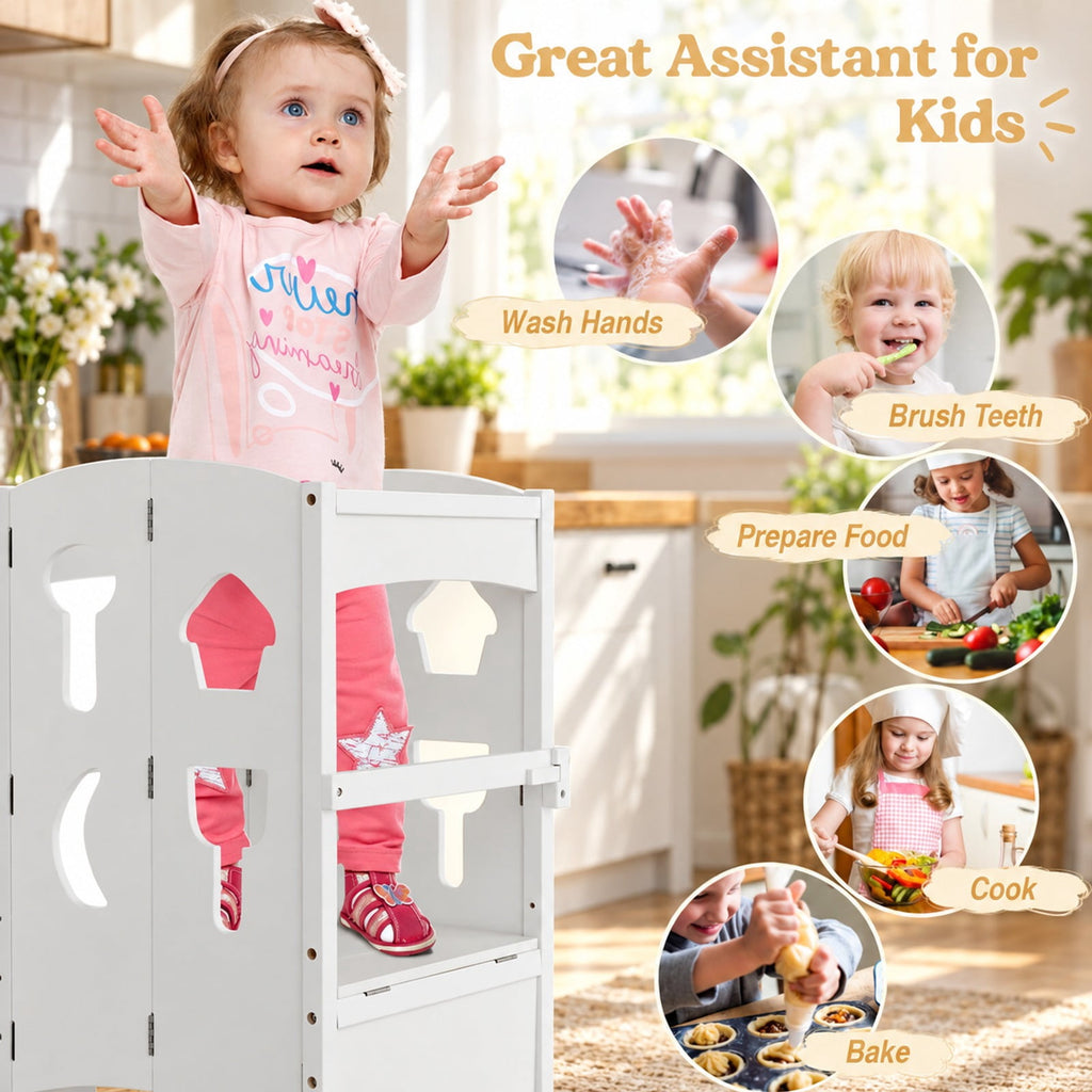 Airfind Folding Wooden Step Stool with Lockable Safety Rail for Toddler 3+, 88 lbs Capacity, Pine Wood Frame, for 3-10 Years Old, White