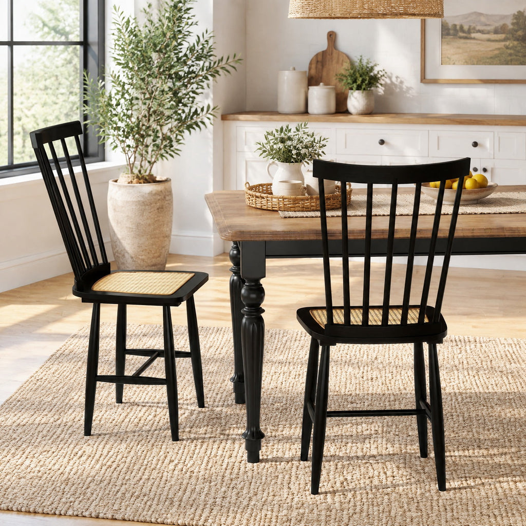 Airfind Farmhouse Solid Rubber Wood Dining Chairs Set of 2 with PE Rattan Seats, 420 lbs Capacity, Rubber Wood PE Rattan Frame, Black