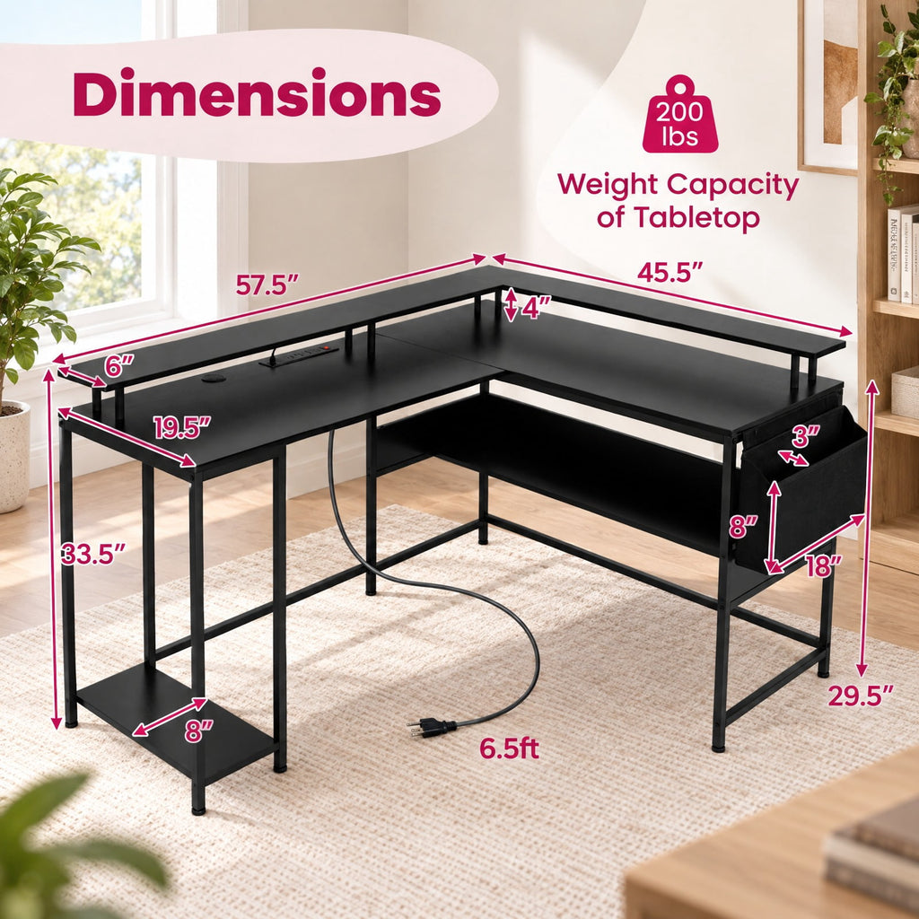 Airfind L-Shaped Gaming Desk with LED Lights and Power Outlets Home Office Computer Desk, 200 lbs Capacity, Engineered Wood Metal Frame, Black