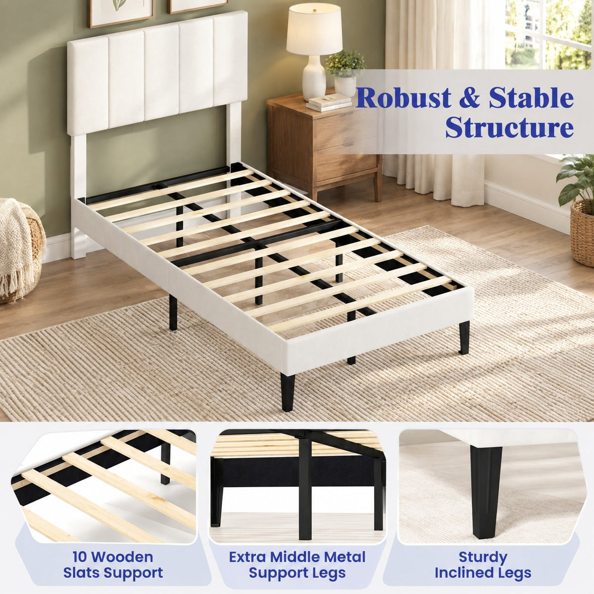 Airfind off-white Linen Upholstered Platform Bed with Height Adjustable Vertical Channel Headboard, 500 lbs Capacity, Velvet Frame, Off-White