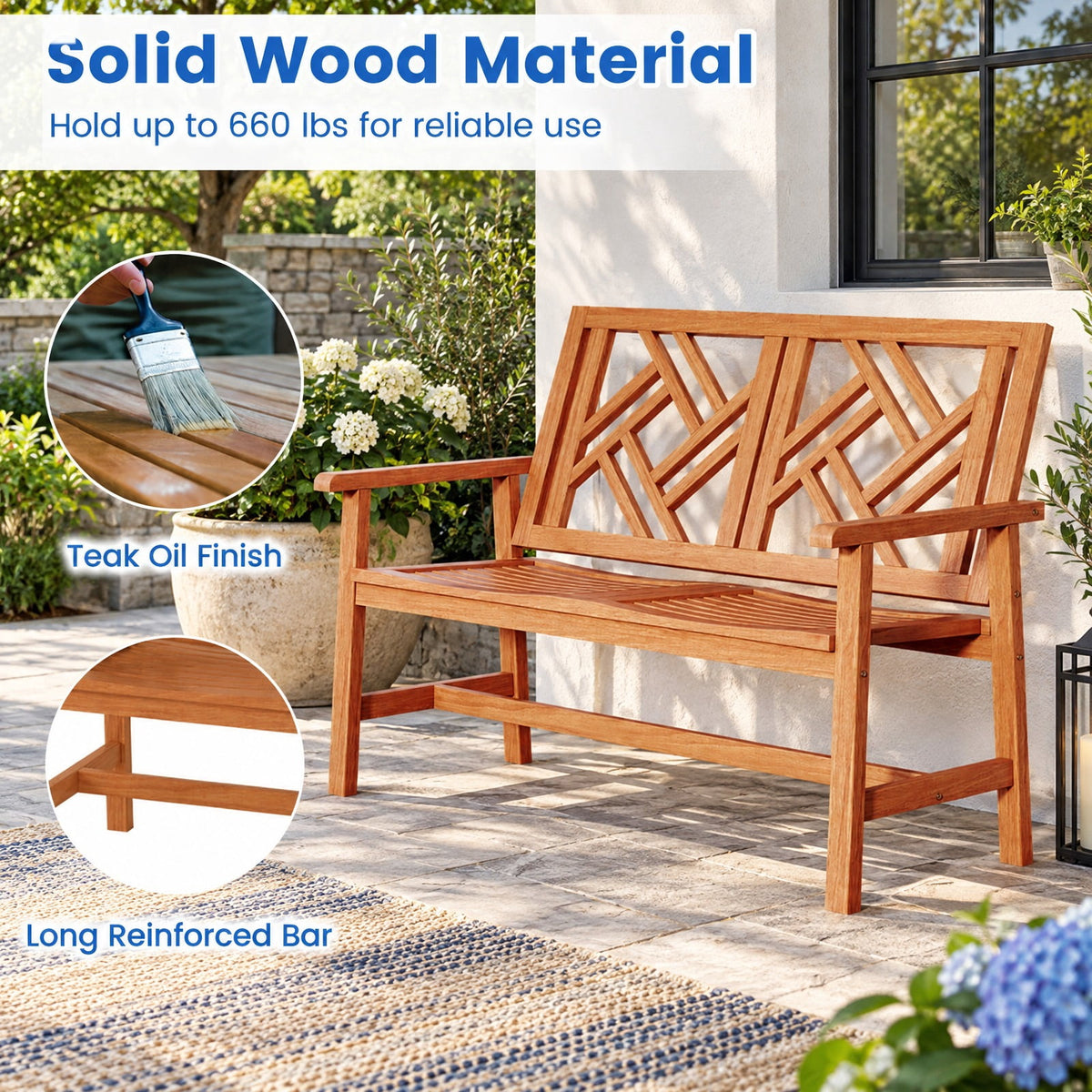 Airfind Outdoor Bench Wood 2, 660 lbs Capacity, Hardwood Frame, 48 × 26 × 36 Footprint, Wood, Geometric patterns infuse an elegant touch