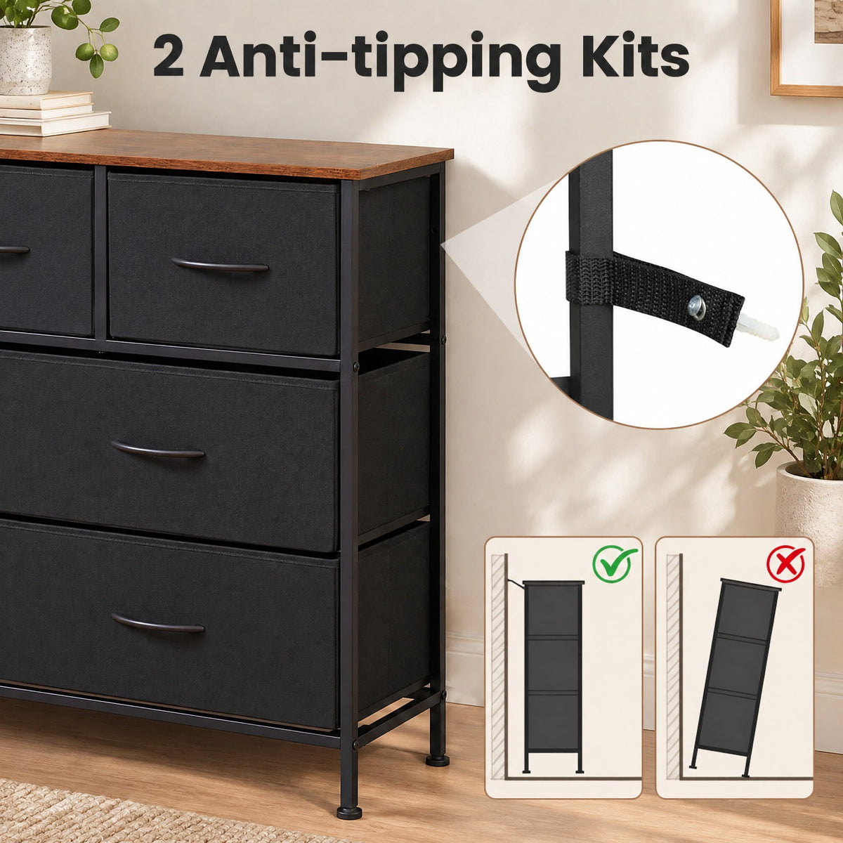 Airfind 7-Drawer Wide Dresser with 2-Sized Folding Fabric Drawers for Bedroom, 155 lbs Capacity, Engineered Wood Frame, 39.5in x 12in x 31in Footprint