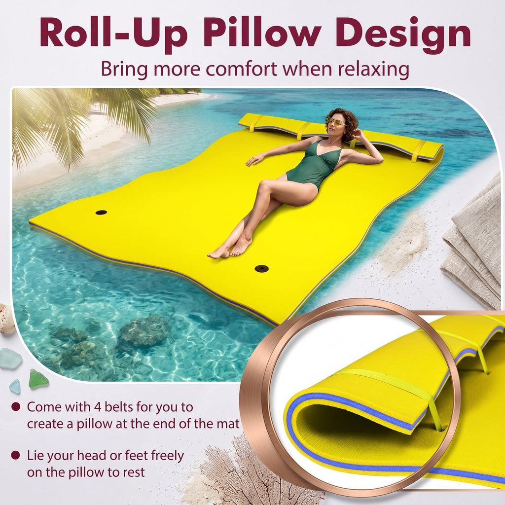 Airfind 9 x 6 3 Layer Floating Water Pad Roll Up Foam Mat with 2 Bungee Tethers and Rolled Pillow Edge for Lake Pool and Beach, Yellow