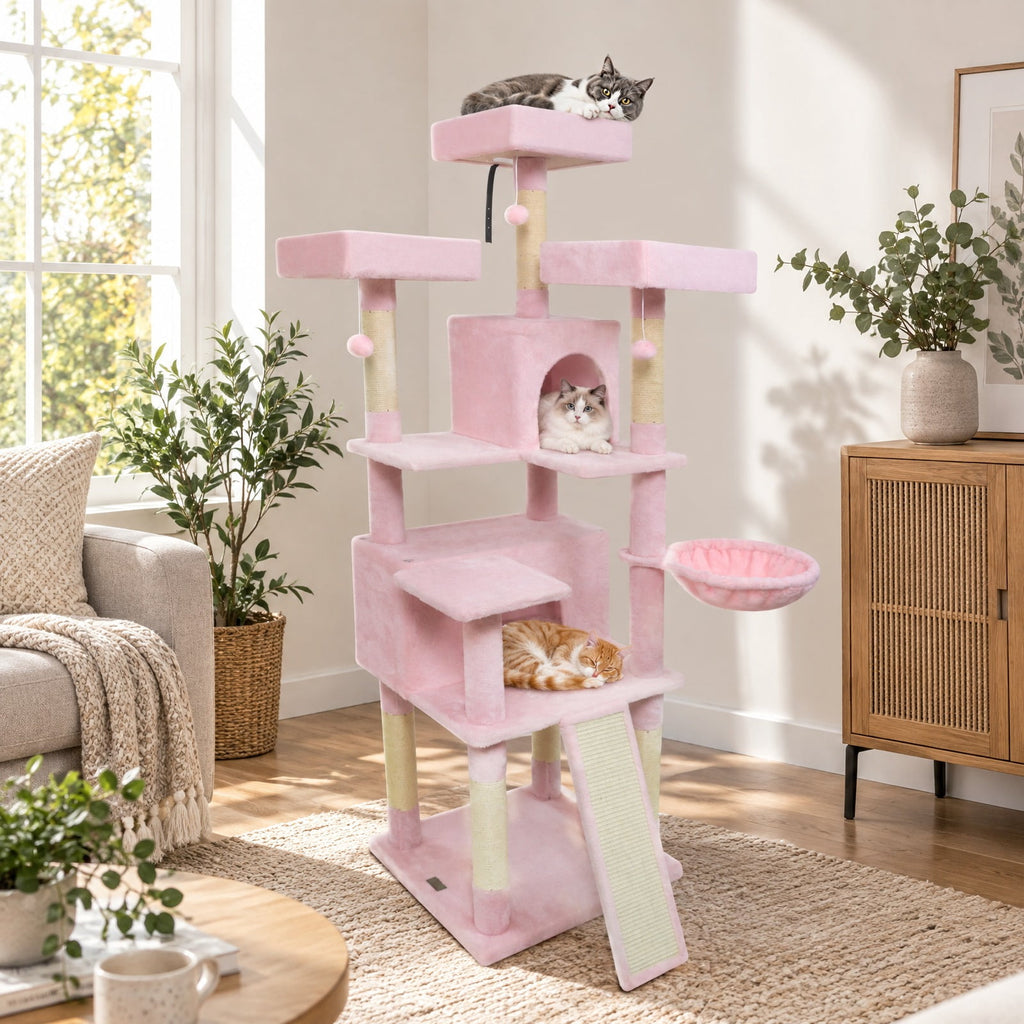 Airfind 65 Inch Tall Multi-level Cat Tree with 3 Upholstered Perch and 2 Cat Condos, Fabric Sisal Engineered Wood Overall Height 65 Inch Base Frame
