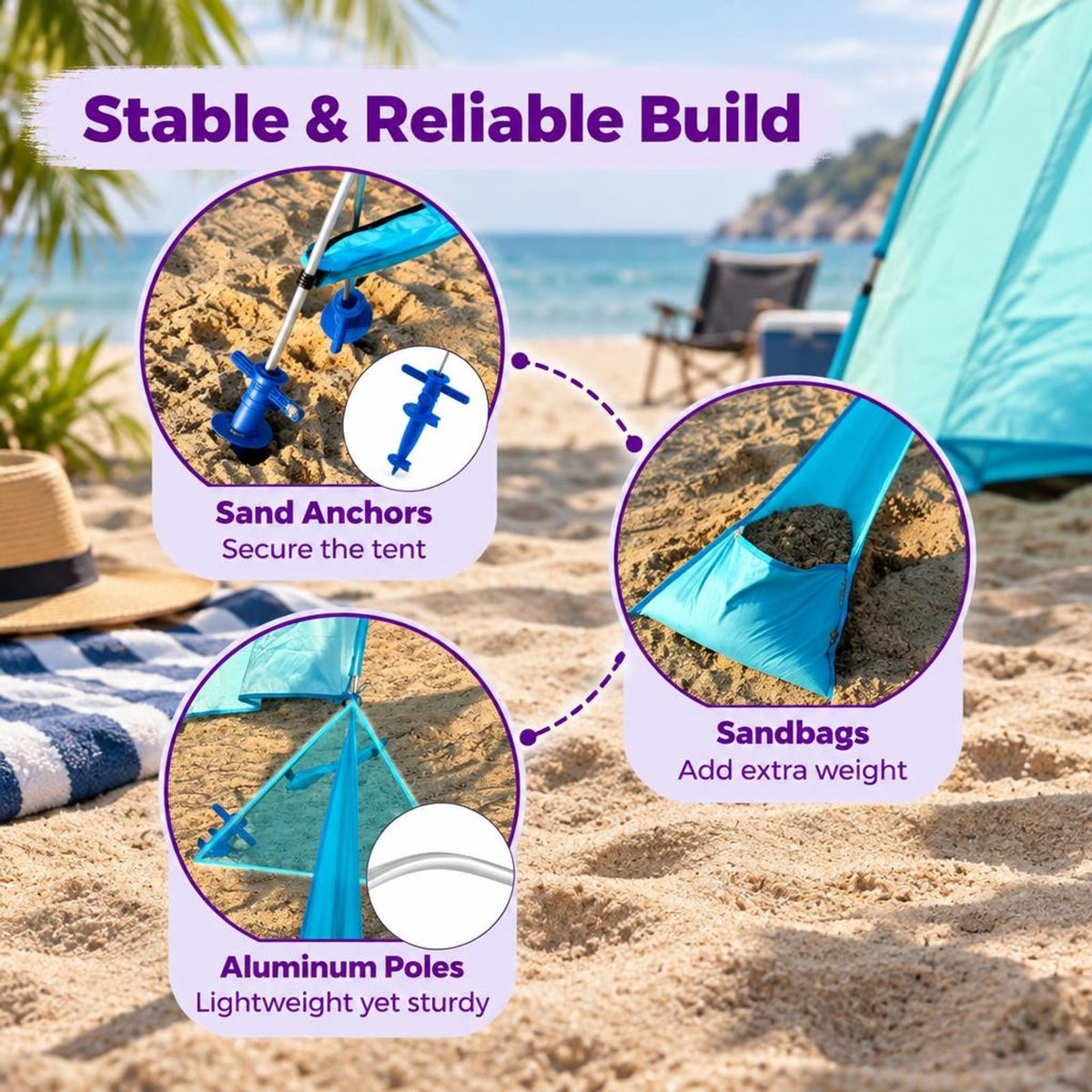 Airfind Wind Powered Beach Tent Portable Sun Shelter Canopy for Picnic, 70D Nylon Fabric Aluminum Frame, 10ft x 6.5ft x 6.5ft Carrying Bag Footprint