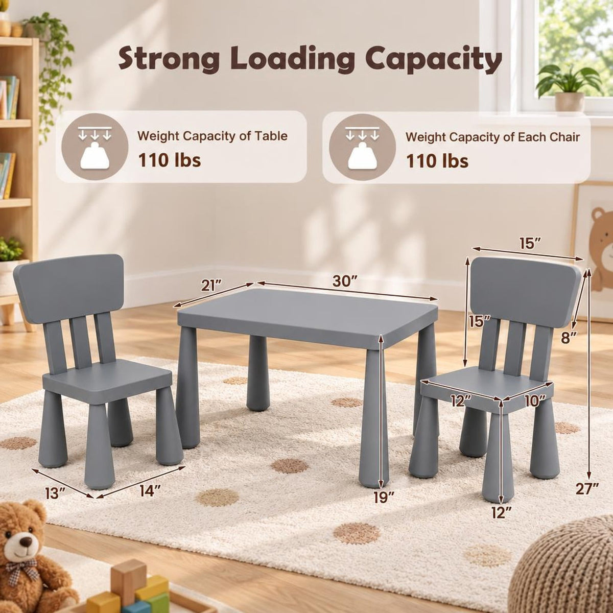 Airfind Table and Chair Set, 3 Pieces Multifunction Activity Youth Play, 110 lbs Capacity, PP Frame, 30 Inch x 21 Inch x 19 Inch Footprint, Gray