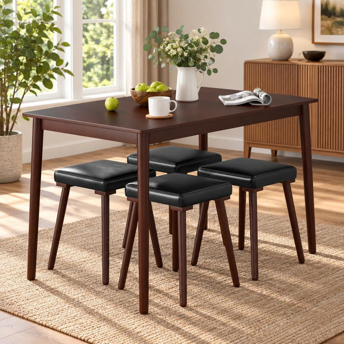Airfind 5 Piece Dining Table Set for 4 with 4 Upholstered Stools and Rubber Wood Legs, Brown, for Everyday Home Use, for Easy Setup