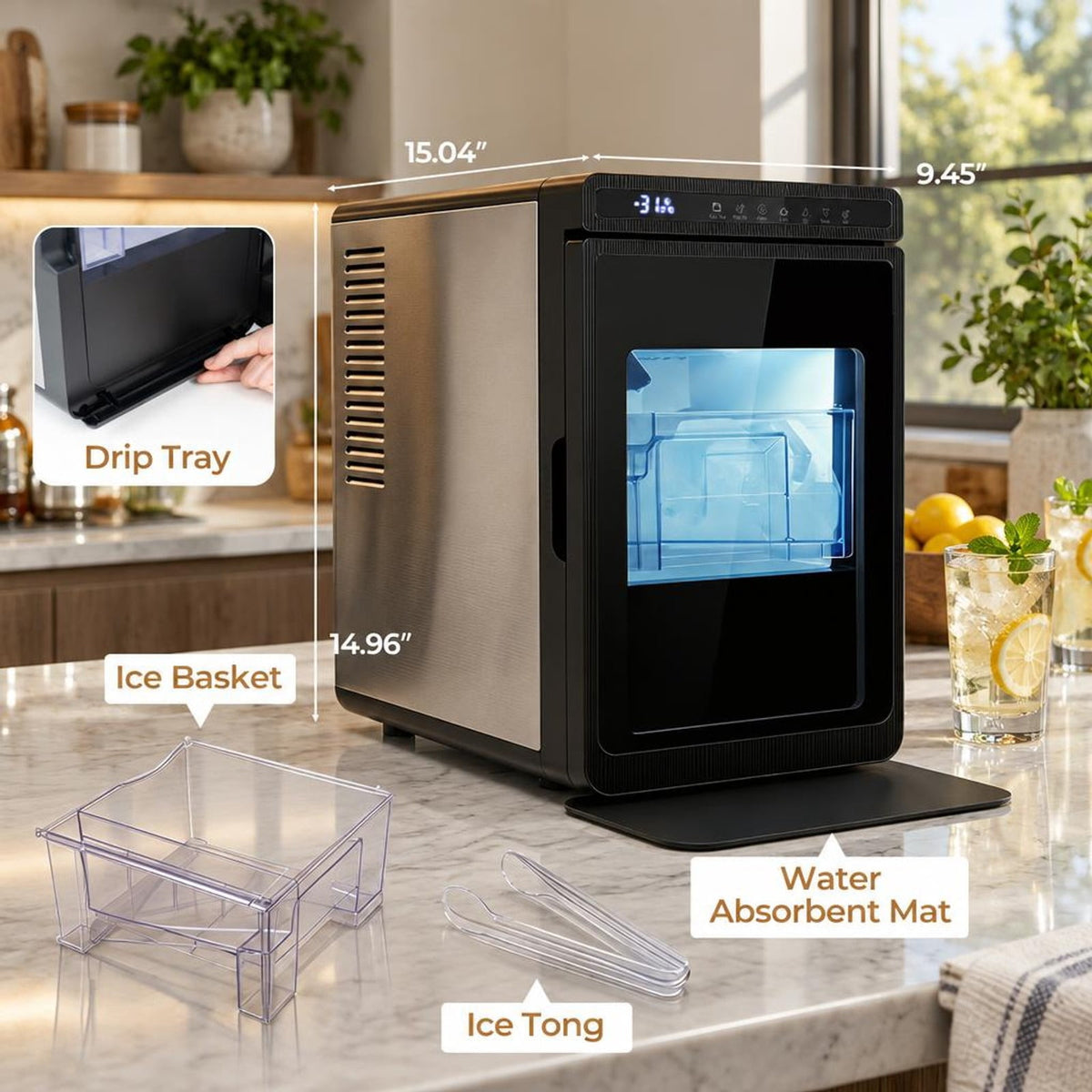 Airfind Clear Ice Cube Maker Countertop 1.6 Inches Large Square Ice Cubes, ABS Stainless Steel Frame, Silver