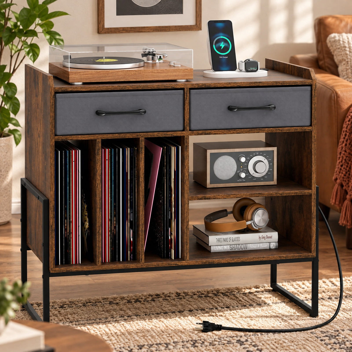 Airfind Large Record Player Stand with Charging Station Mid Century Modern Vinyl Storage Cabinet, 209 lbs Capacity, 30in x 14in x 27in Inside Footprint