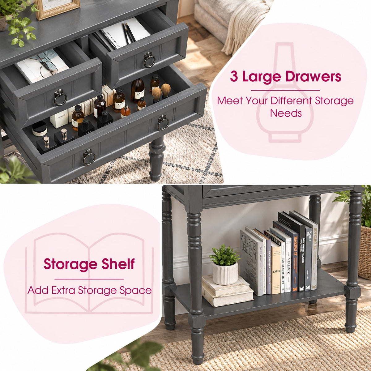Airfind Narrow Console Table with 3 Storage Drawers and Open Bottom Shelf, 154 lbs Capacity, MDF Rubber wood Acacia Wood Frame, Gray