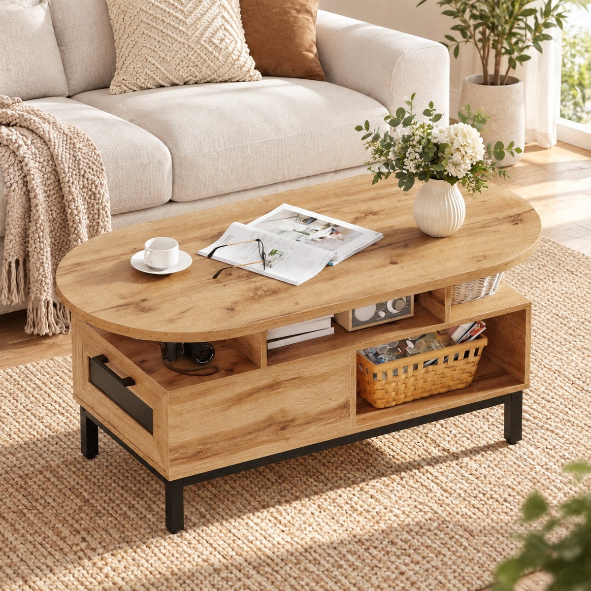 Airfind 47 Inch Oval Coffee Table with Storage and Open Compartments for Living Room, 110 lbs Capacity, Engineered Wood MDF Frame, Natural