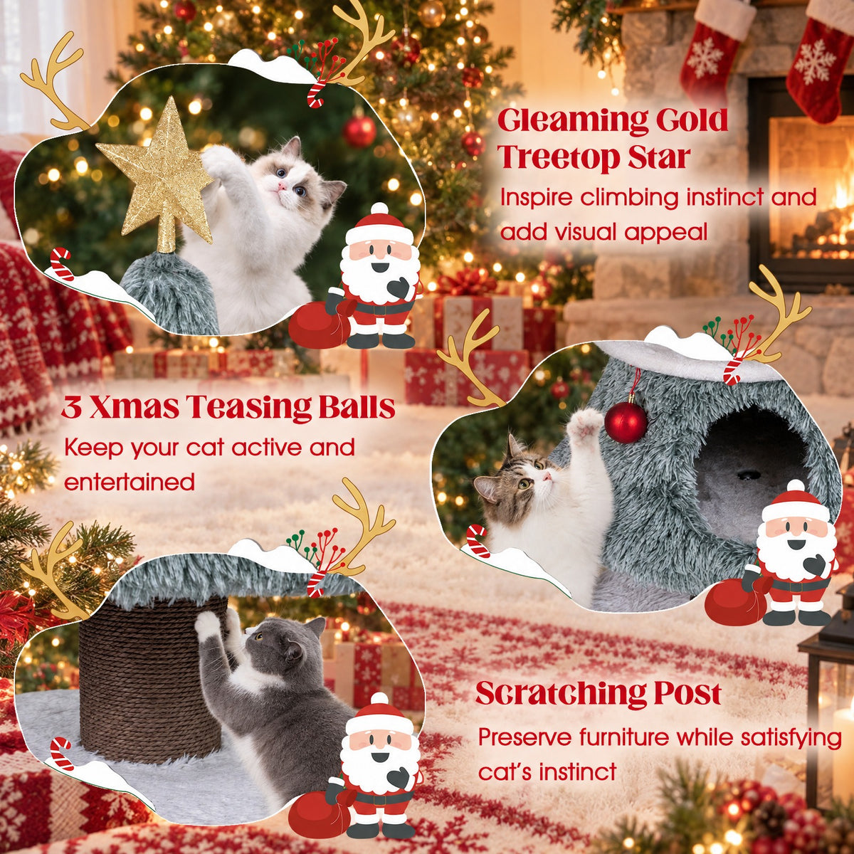 Airfind Christmas Cat Tree for Indoor Cats 48.5 inch Cute Cat Tower with 2 Large Condos Scratching Post, Engineered Wood Jute Rope Plush Frame