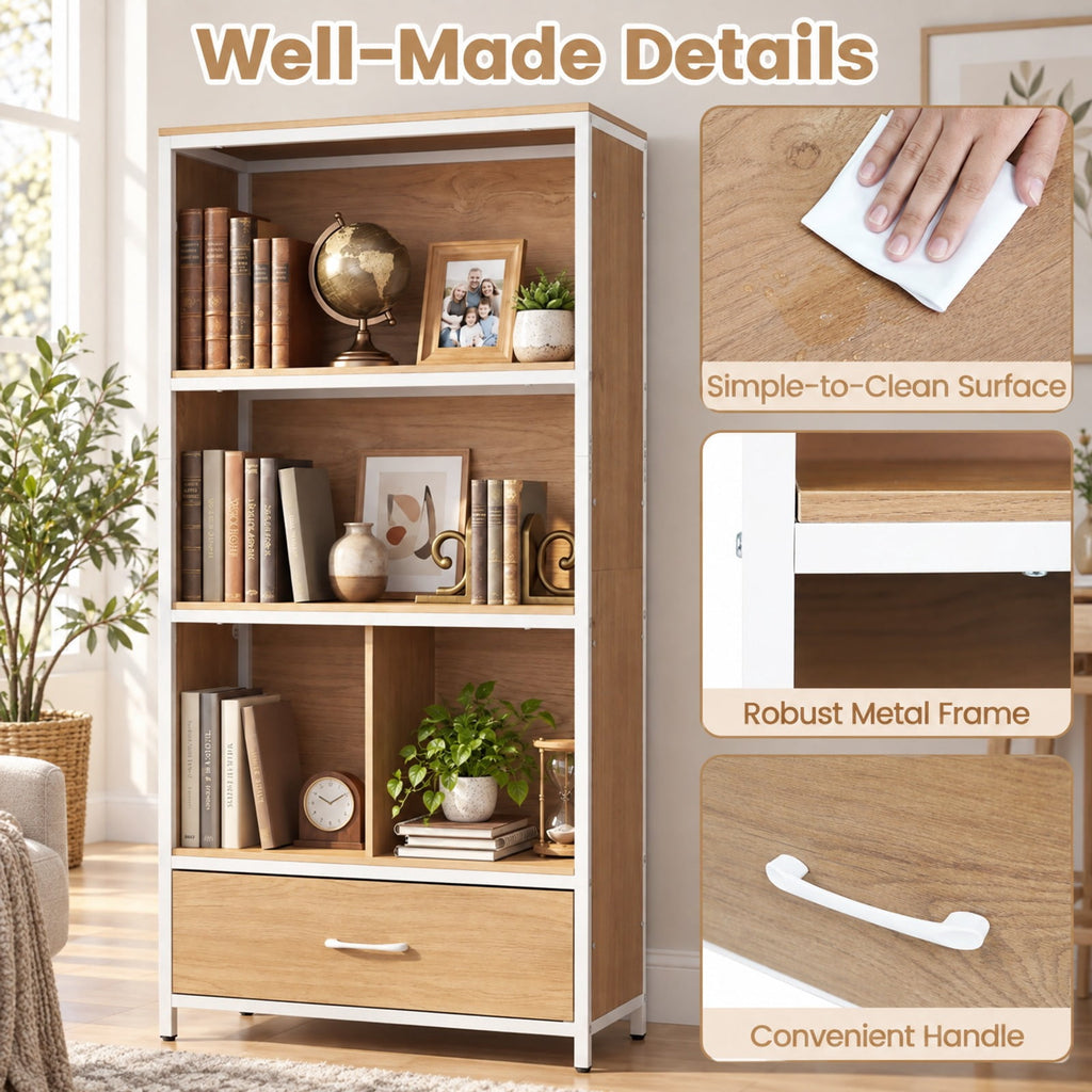 Airfind 56in Tall Freestanding Bookcase with Drawer 5 Tier, 44 lbs Capacity, Engineered Wood Metal Frame, 27in x 12in x 56in Footprint, Natural