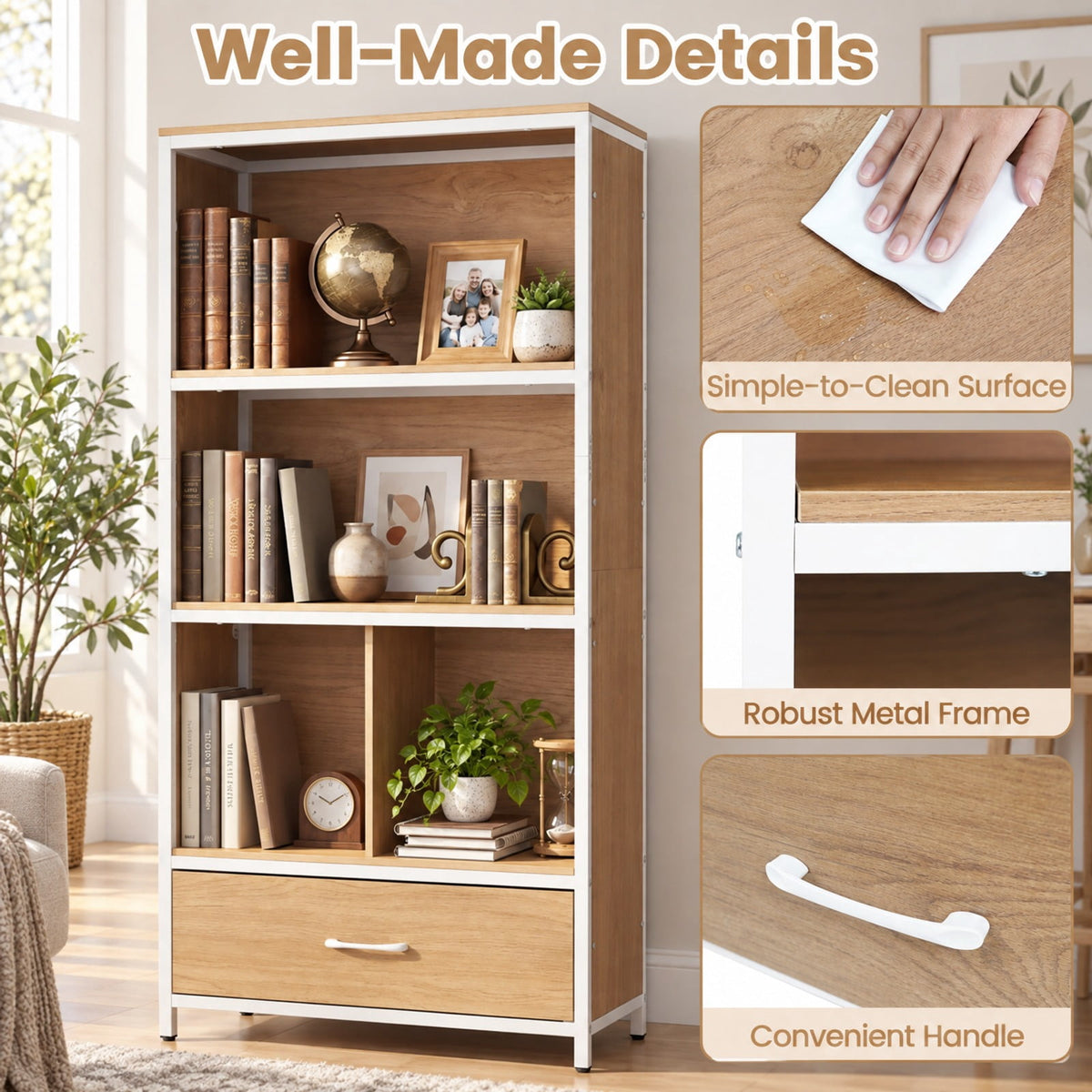 Airfind 56in Tall Freestanding Bookcase with Drawer 5 Tier, 44 lbs Capacity, Engineered Wood Metal Frame, 27in x 12in x 56in Footprint, Natural
