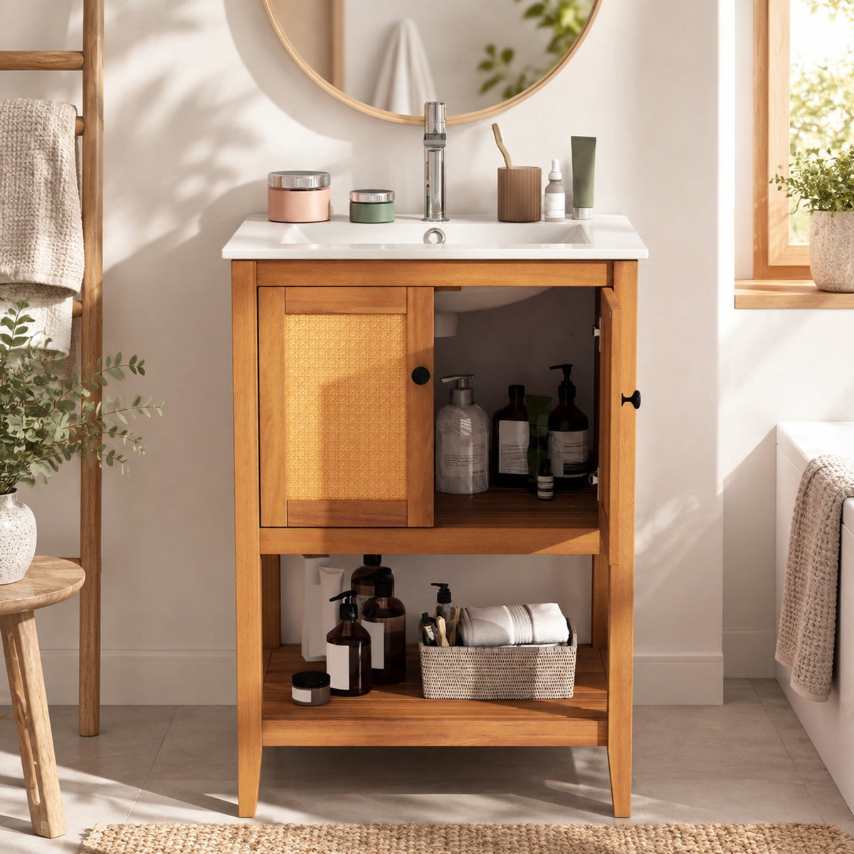 Airfind Bathroom Vanity with Ceramic Sink 2 Rattan Doors and Slatted Shelf, 70 lbs Capacity, Acacia Wood PE Rattan Ceramic Frame, White + Natural