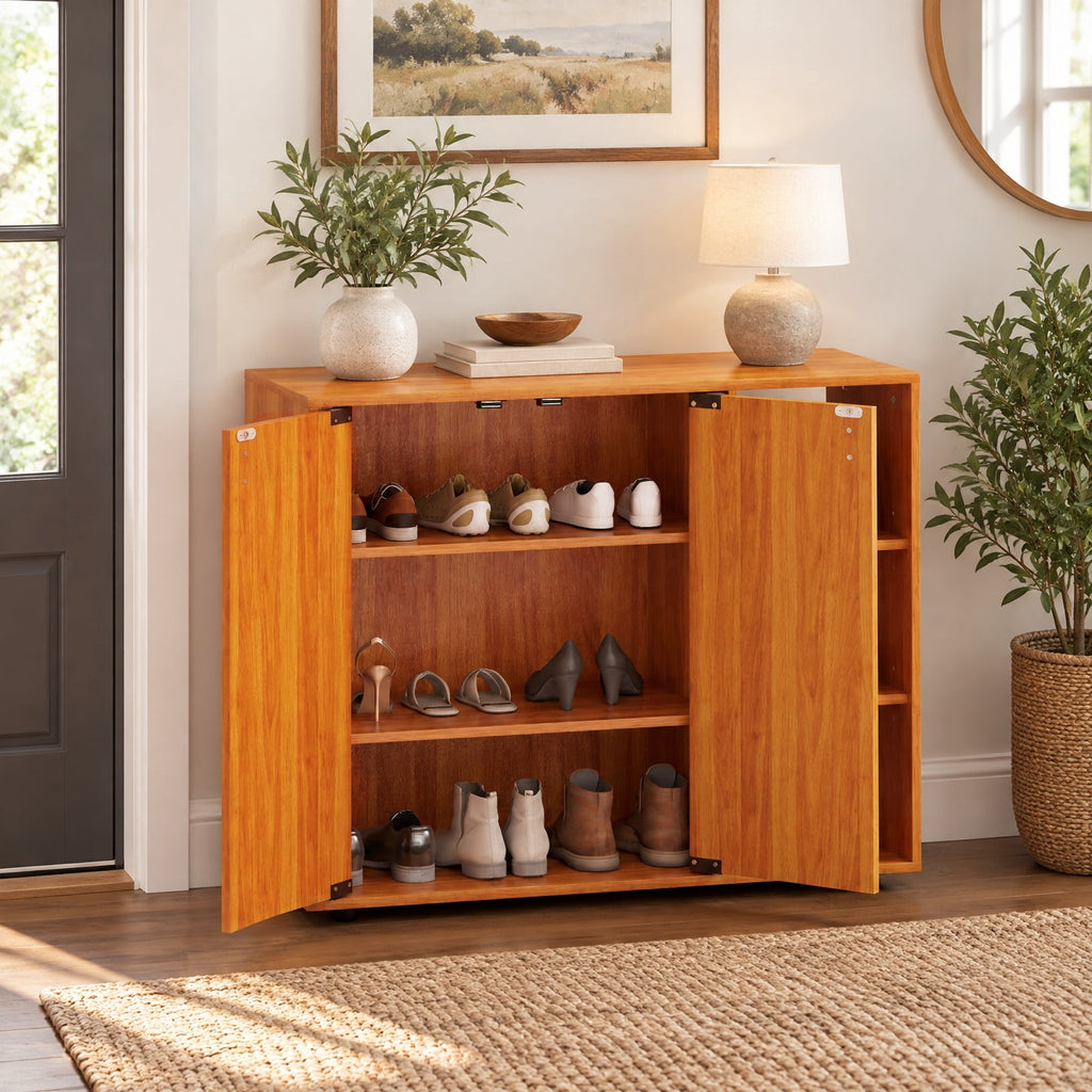 Airfind 3-Tier Shoe Cabinet with Doors with Adjustable Open Shelves for Entryway, 90 lbs Capacity, MDF Engineered Wood Frame, Natural