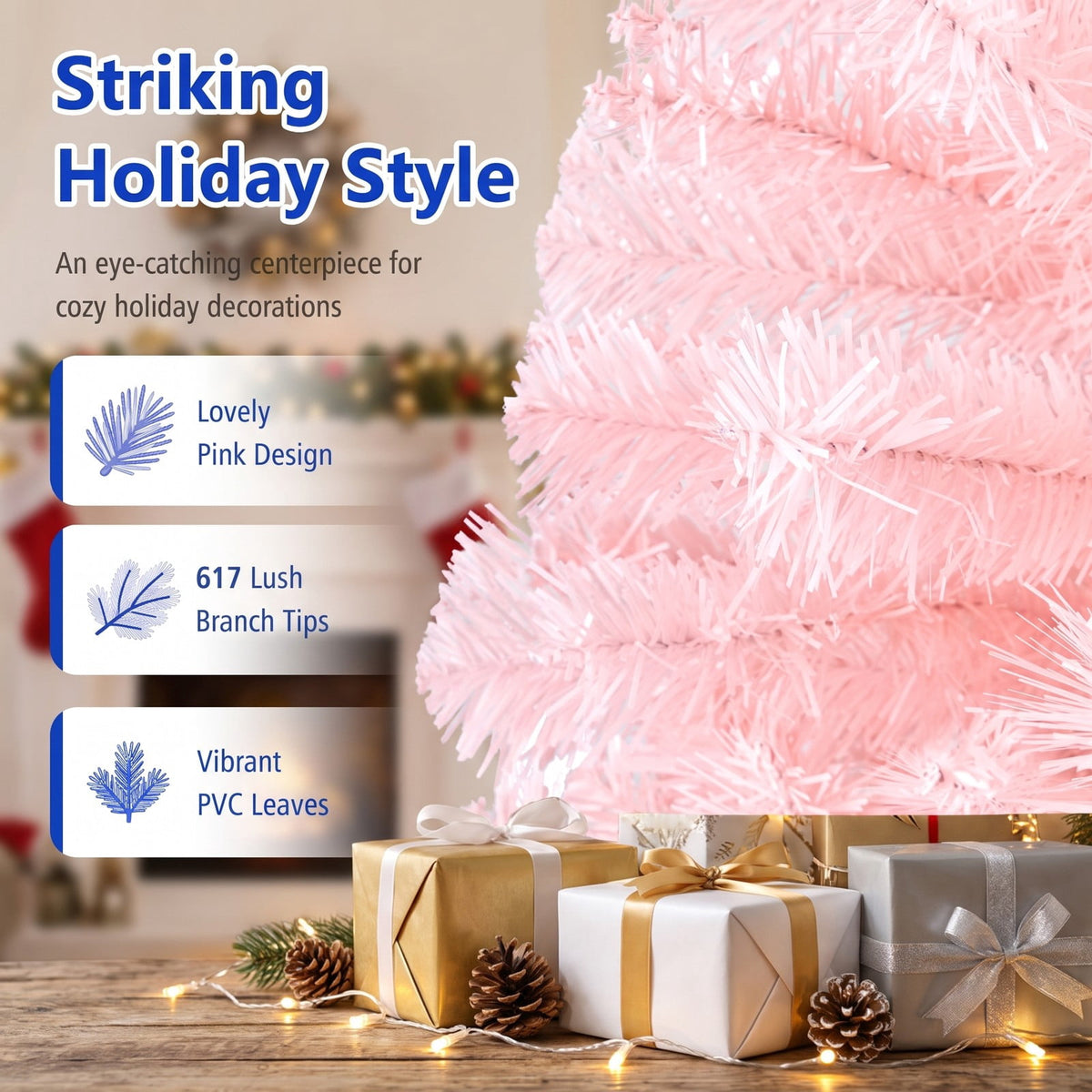 Airfind 6/7 Feet Artificial Christmas Tree Hinged Full Fir Tree-6 Feet, PVC Metal Tree Height 7 ft 6 ft Tree Width 4.1 ft 3.4 ft Frame, Pink