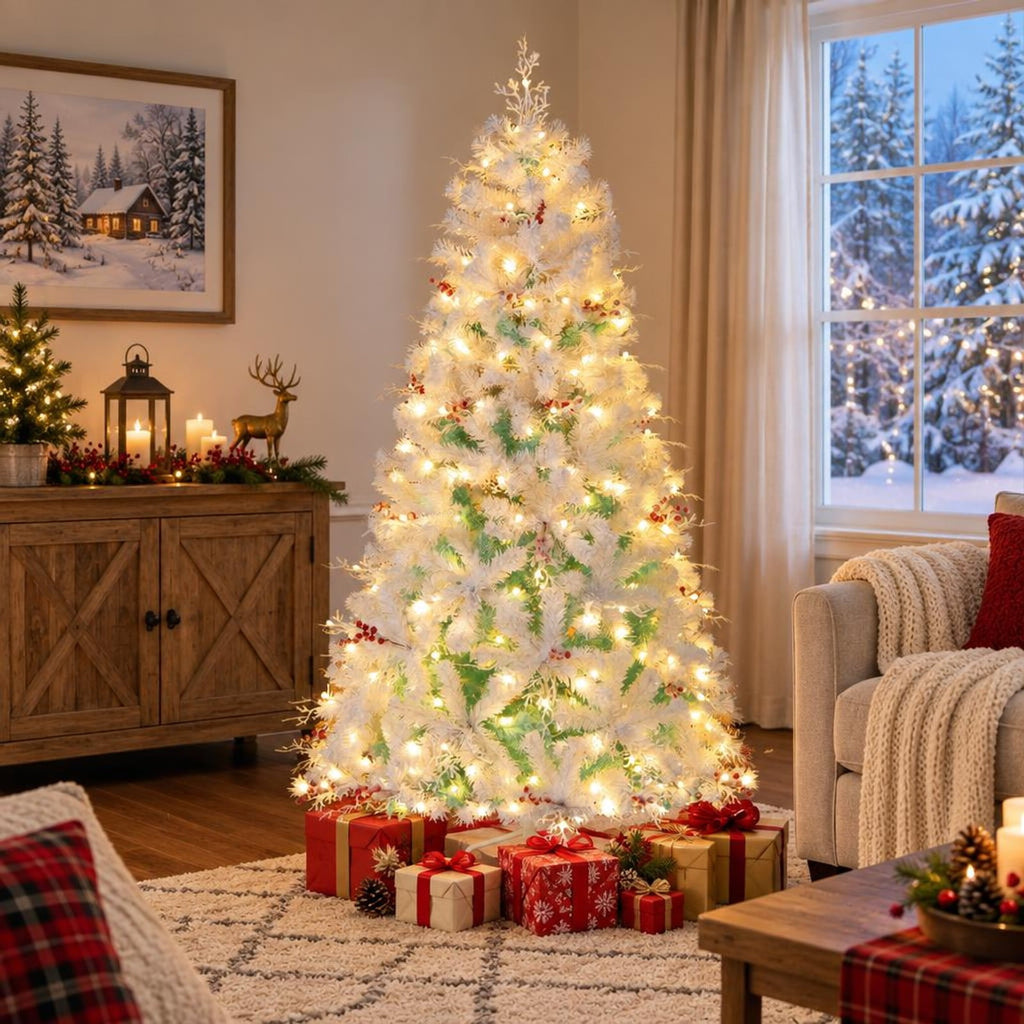 Airfind Pre-Lit Artificial Christmas Tree with Snow Flocked Branch Tips, PVC PE Metal Frame, 3.8 x 6 ft Footprint, White+Lake Blue