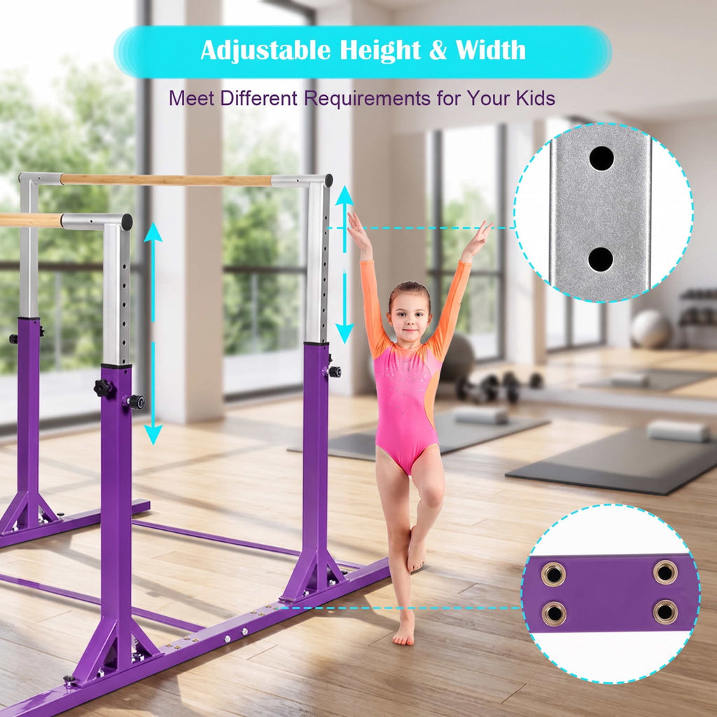 Airfind Kids Double Horizontal Gymnastics Parallel Bars with 11 Level Adjustable Height and Bamboo Grip for Home Training and Practice, Purple