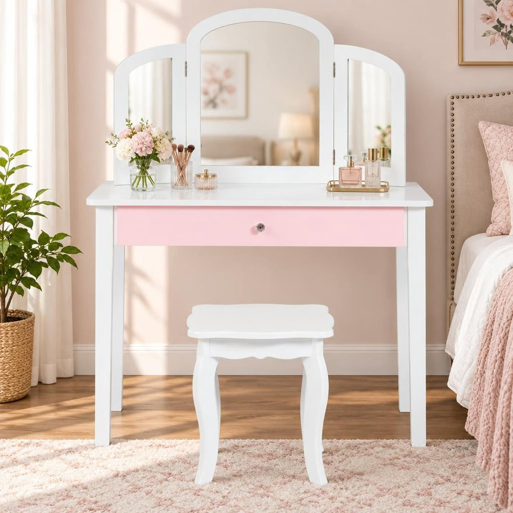 Airfind Kids Princess Make Up Dressing Table with Tri-folding Mirror and Chair, 33 lbs Capacity, MDF Frame, 27.5 x 13.5 x 37.5 Footprint, White