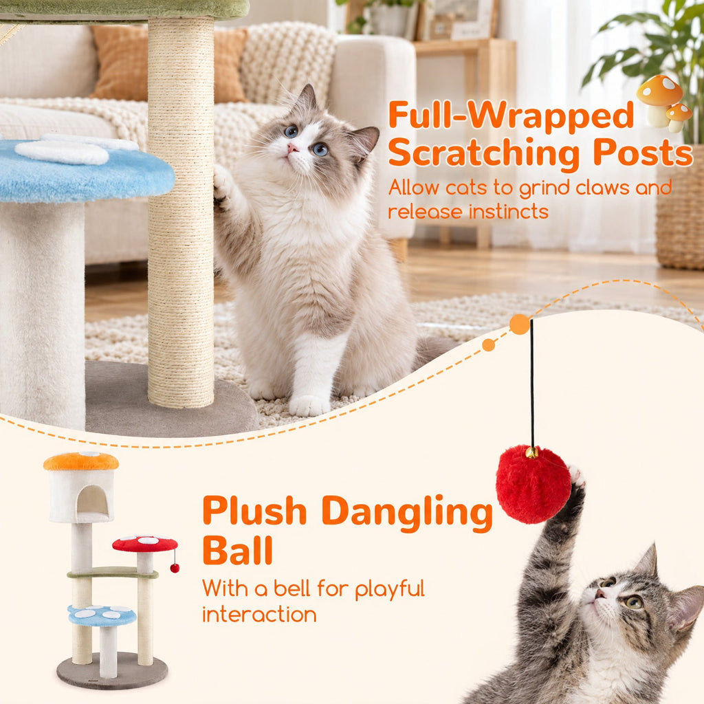 Airfind Cute Mushroom Cat Tree with Sisal Scratching Posts Top Condo and Padded Platforms, 22 lbs Capacity, 23 x 48 Footprint, Colorful