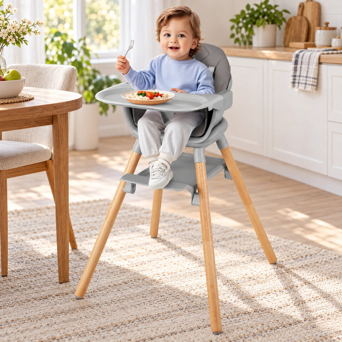 Airfind 6 in 1 Convertible Highchair with Safety Harness and Removable Tray, PP PU Beech Frame, 24.5 x 23 x 35.5 Footprint, Gray