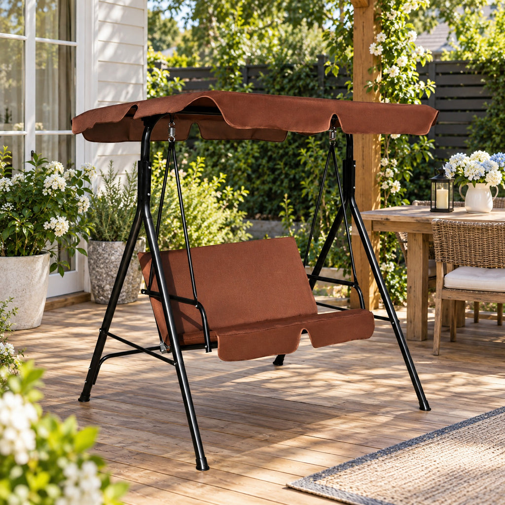 Airfind Loveseat Cushioned Patio Steel Frame Swing Glider, 330 lbs Capacity, Steel pipe Frame, 55.0 Inch x 43.5 Inch x 60.5 Inch Footprint, Brown